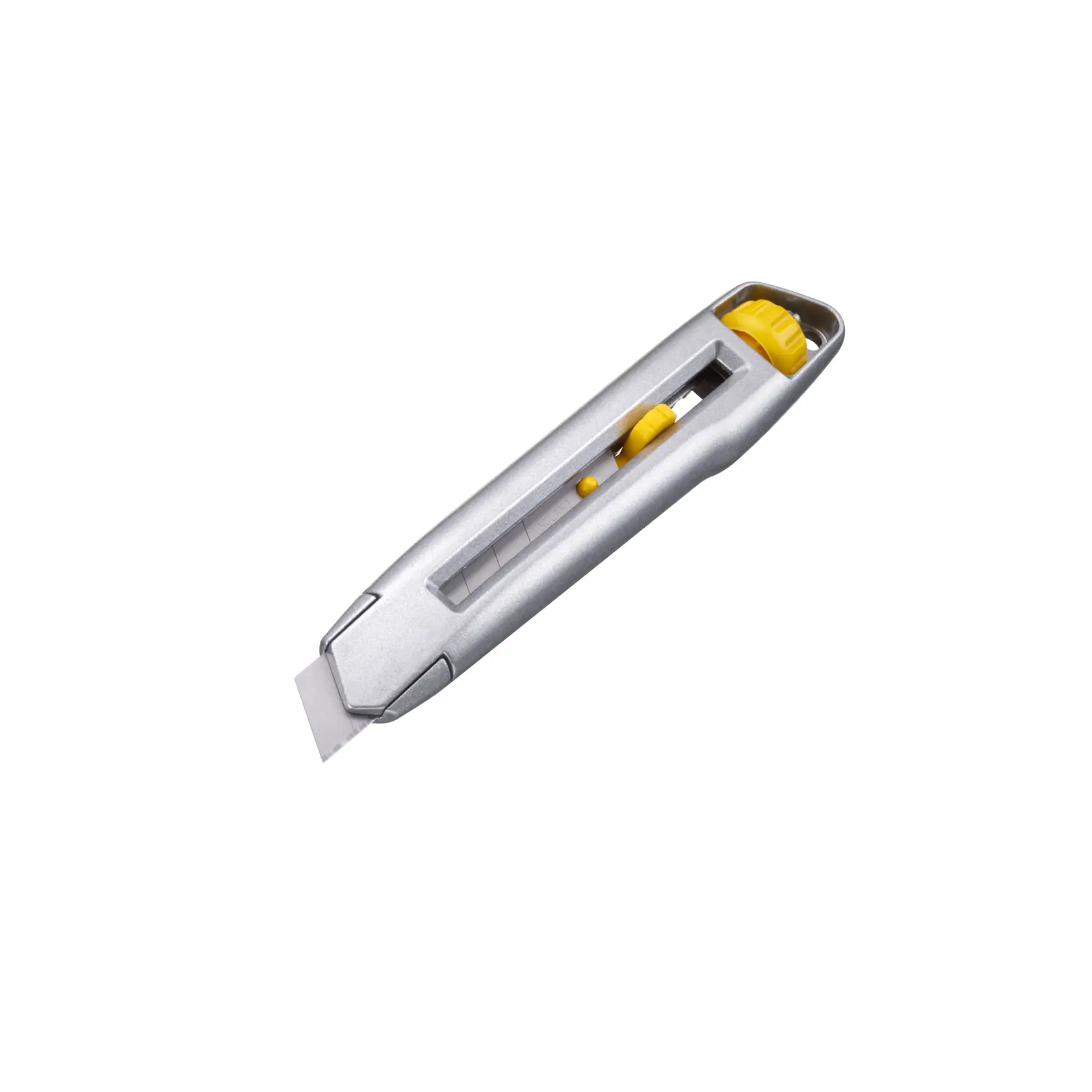 STANLEY 0-10-018 Messer mit silbernem und gelbem Gehäuse, schräg auf weißem Hintergrund.
