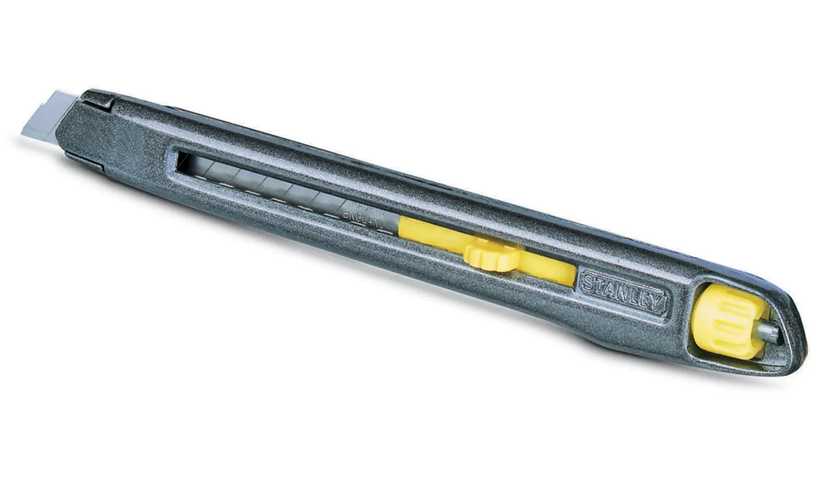 STANLEY 0-10-095 Universalmesser, Metallgehäuse mit gelbem Schieber, Seitenansicht auf weißem Hintergrund.