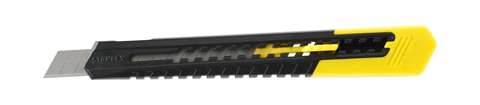 STANLEY 0-10-150 schwarz-gelber Abbrechmesser, Seitenansicht, auf weißem Hintergrund.