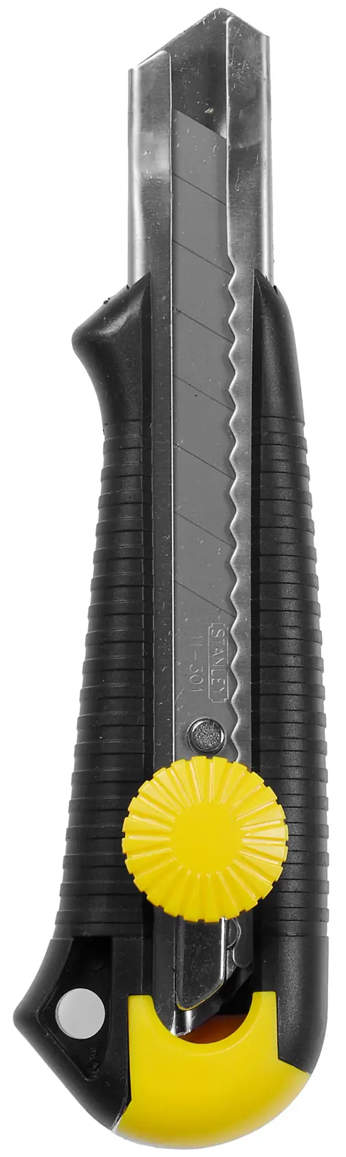 STANLEY 0-10-418 black and yellow utility knife, straight-on product photo with retractable segmented blade.