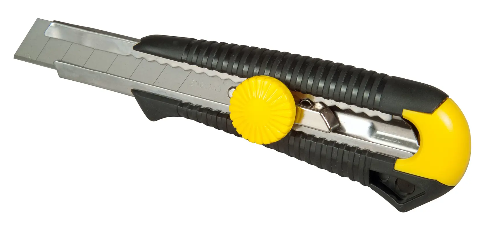 STANLEY 0-10-418 utility knife with segmented blade, black and yellow handle, side view, photography