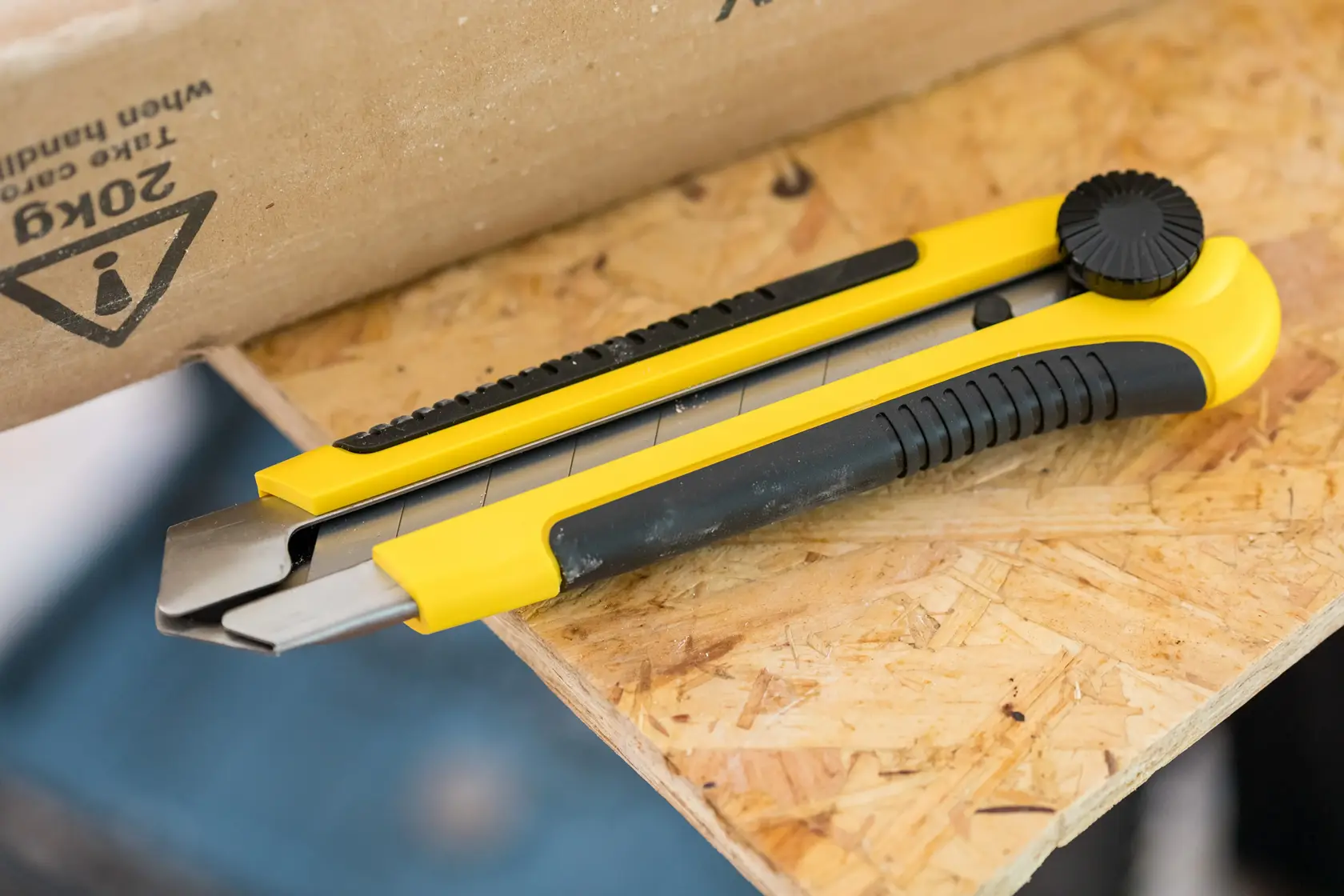 STANLEY 0-10-425 utility knife with yellow and black handle, photography on wooden surface.