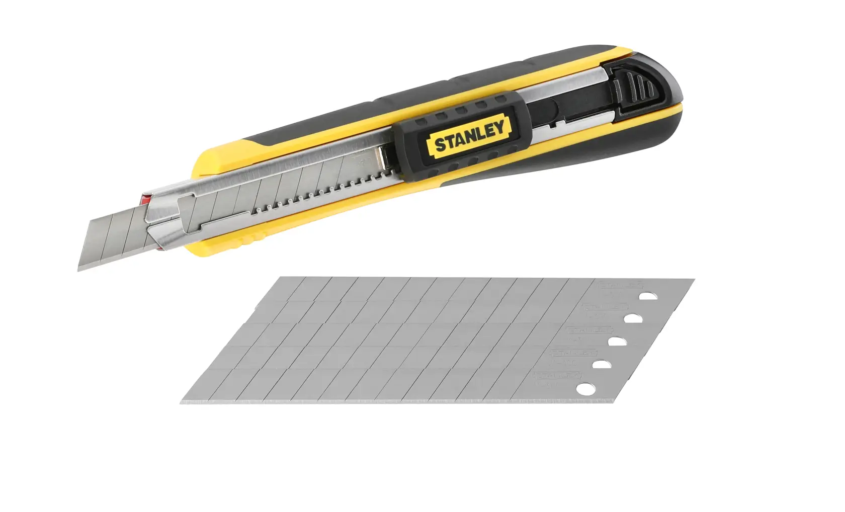 Photo of STANLEY 0-10-475 snap-off utility knife with extended blade and extra replacement blades, angled on white background.