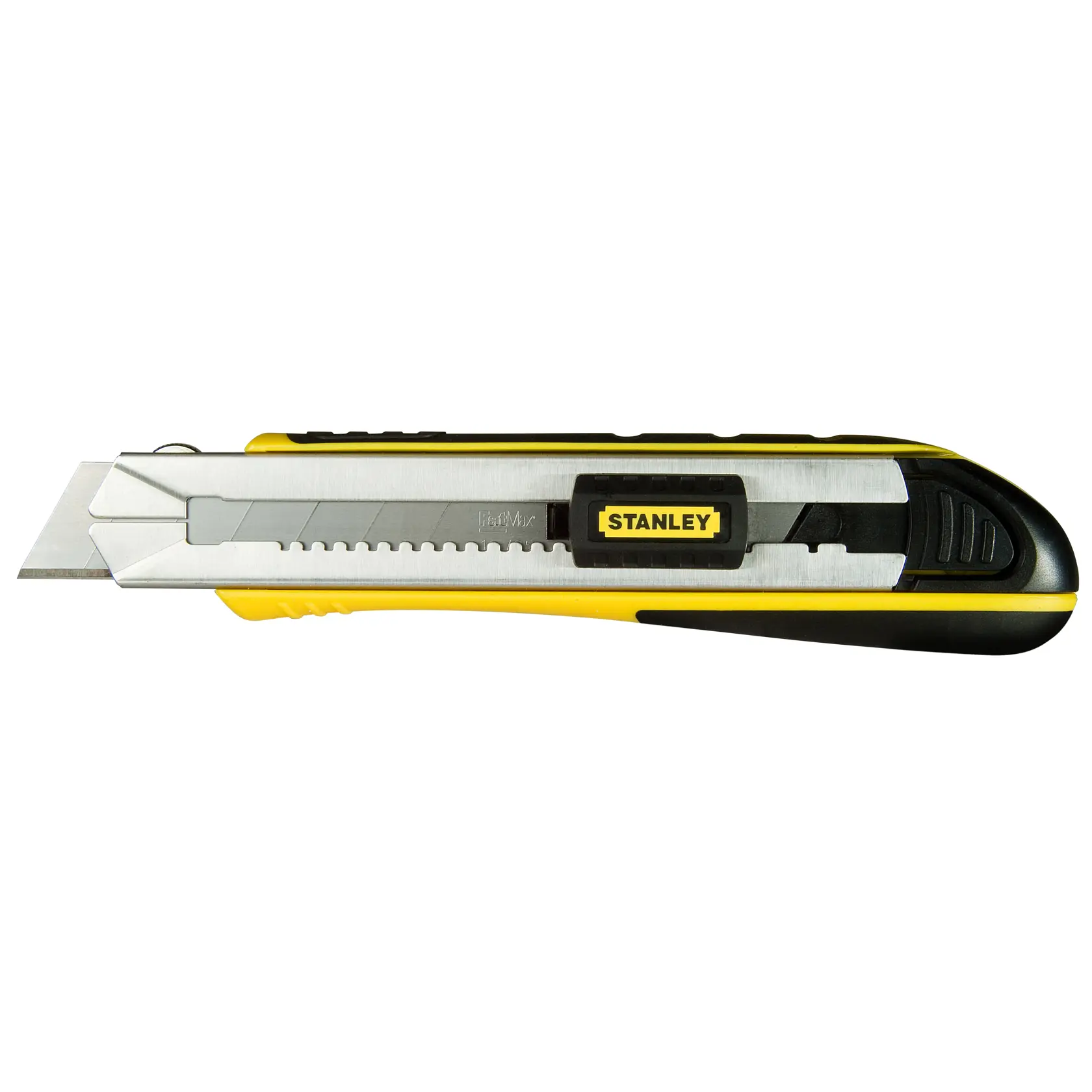 STANLEY 0-10-486 utility knife, yellow and black, side view on white background.