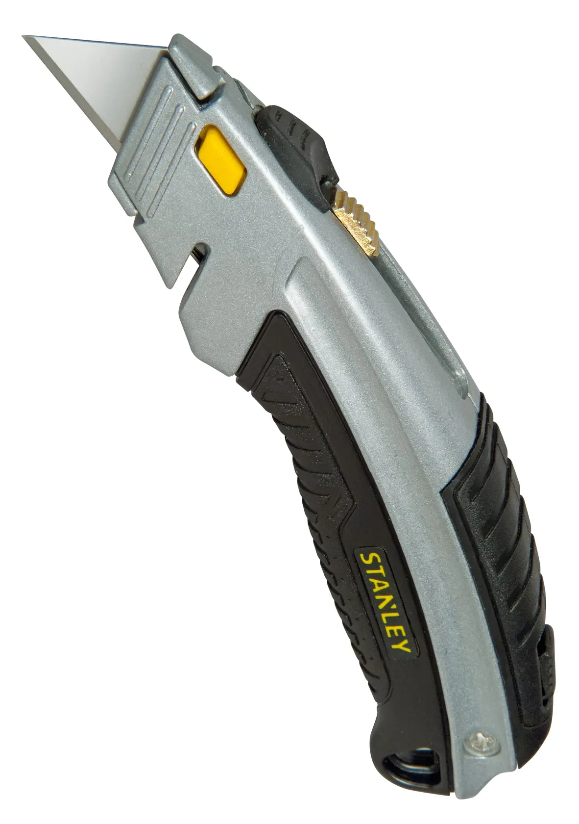 STANLEY 0-10-788 utility knife, silver and black, side angle on white background.