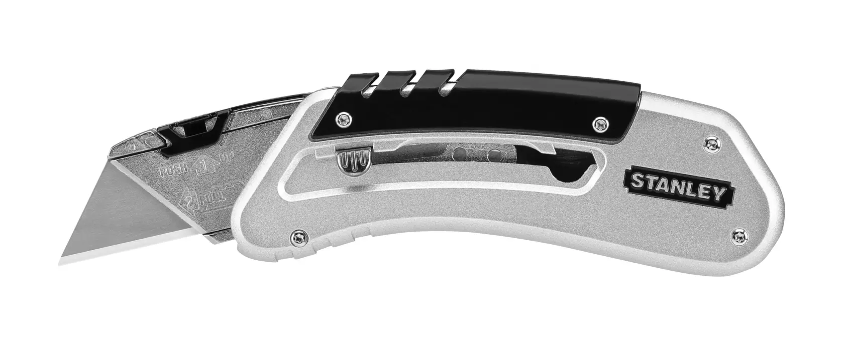 STANLEY 0-10-810 Universalmesser, silber und schwarz, Seitenansicht mit sichtbarer Klinge und Schrauben.