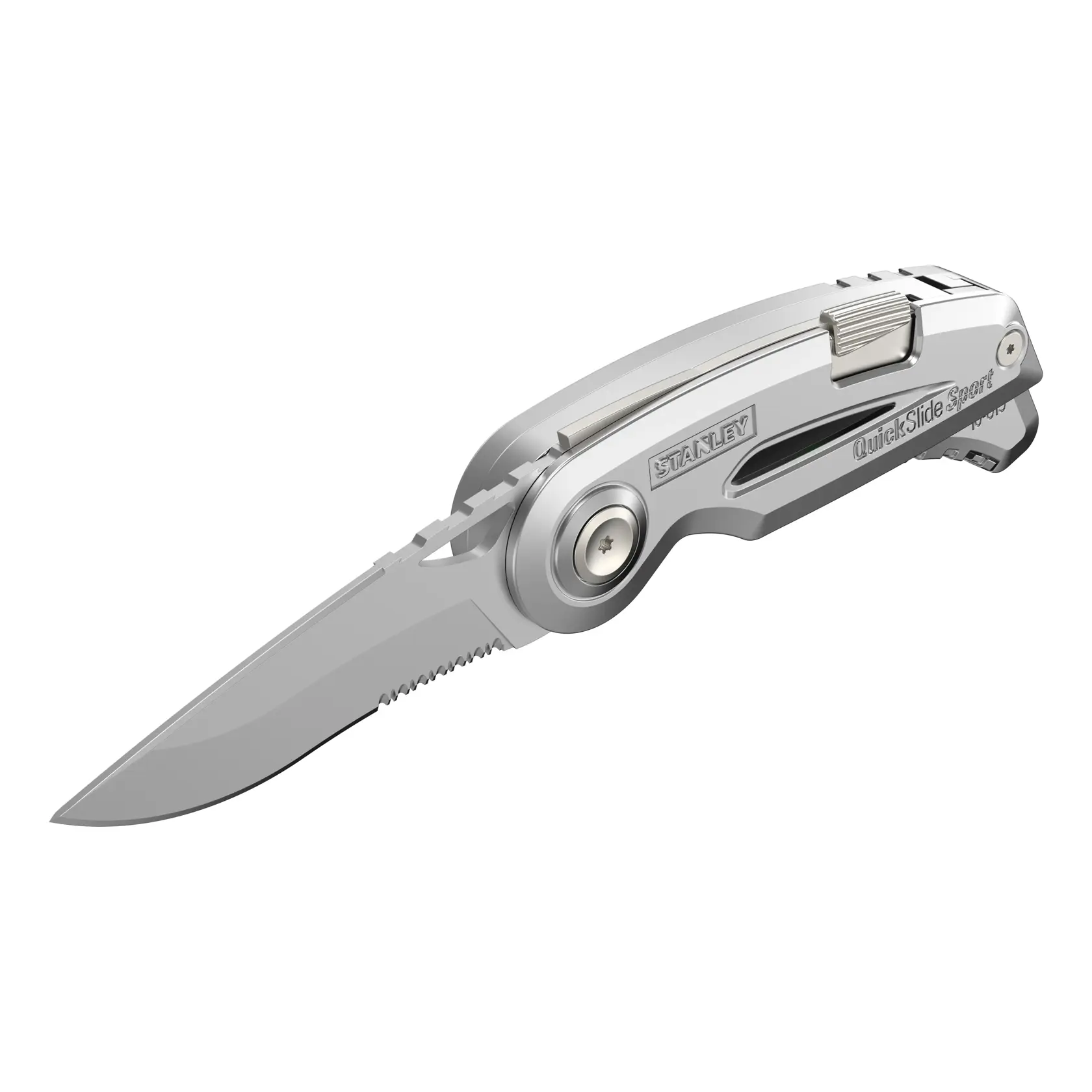 STANLEY 0-10-813 Klapp-Universalmesser, Metalloptik, geschlossen, linke Perspektive auf weißem Hintergrund.