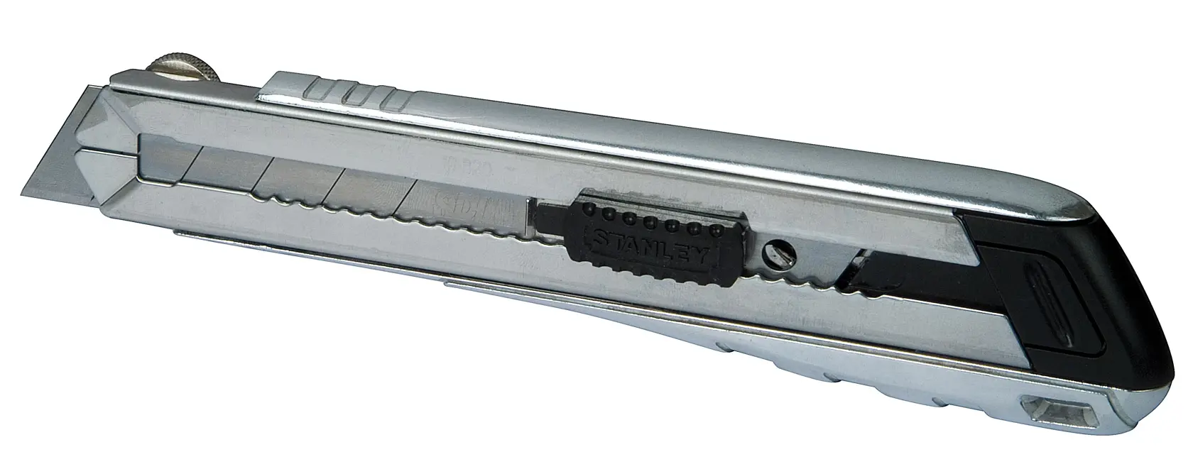 STANLEY 0-10-820 silver utility knife, side angle, with black slider and exposed snap-off blade.
