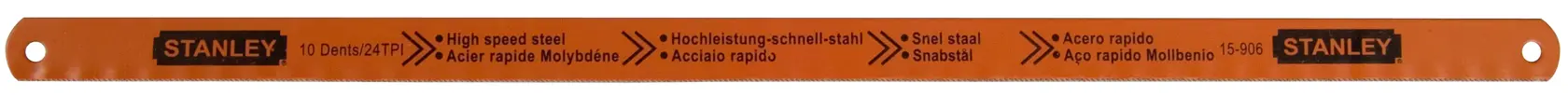 Orange Stanley Metallsägeblatt aus Schnellstahl mit markierten Spezifikationen und zwei Befestigungslöchern.