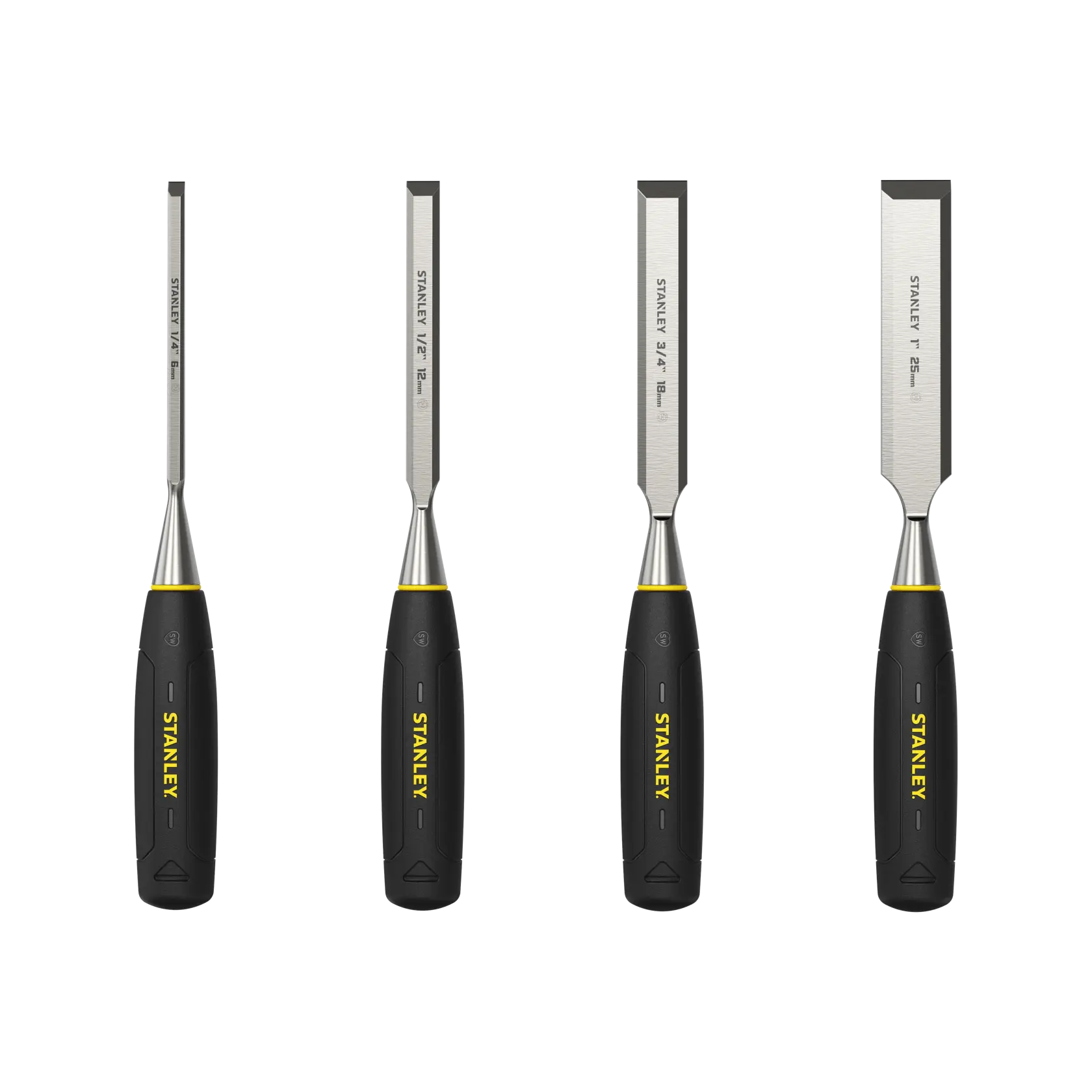 Photo of STANLEY 0-16-129 set of four chisels with blue handles, arranged on white background, angled view.