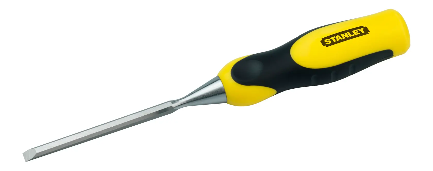 A Stanley woodworking chisel with a yellow and black ergonomic handle and a sharp metal blade, positioned against a white