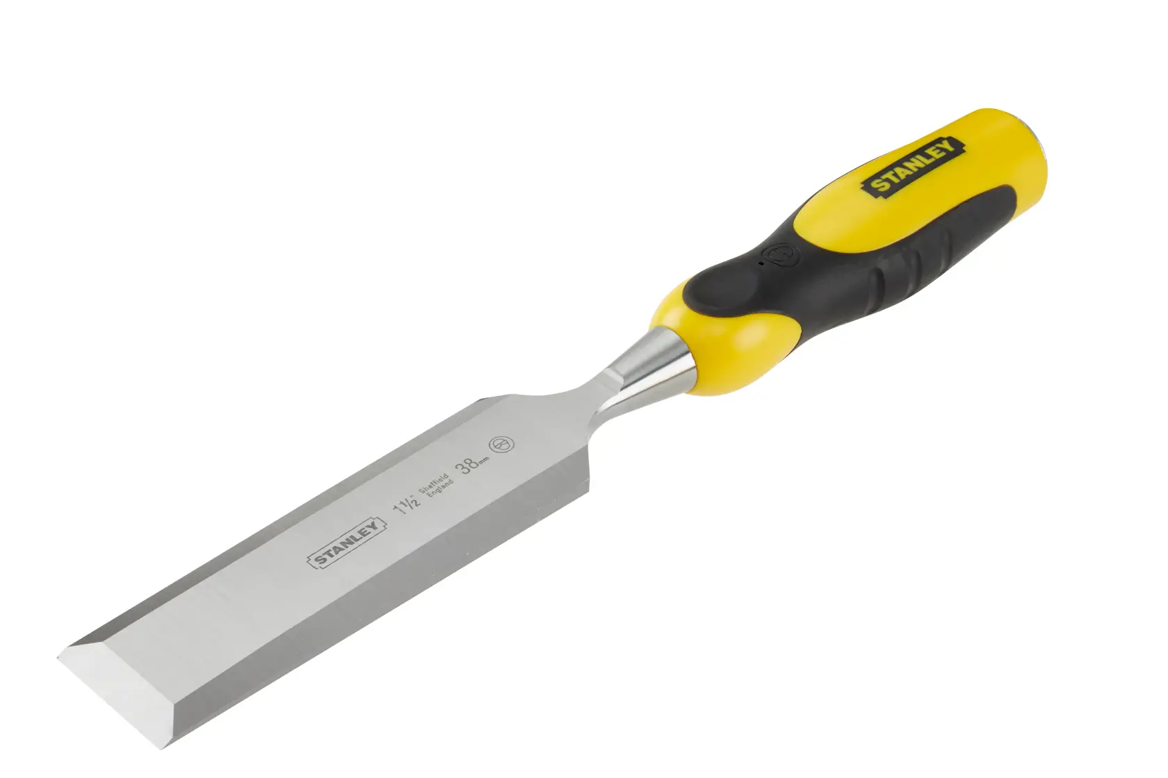 Stanley wood chisel with a yellow and black handle and a sharp steel blade, suitable for woodworking tasks.