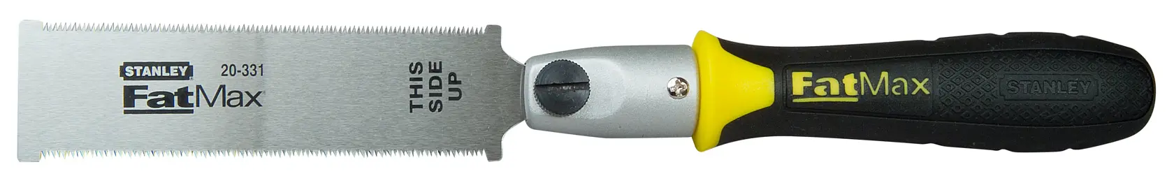 Photo of STANLEY 0-20-331 FatMax dovetail saw with black and yellow handle, straight-on angle on white background.