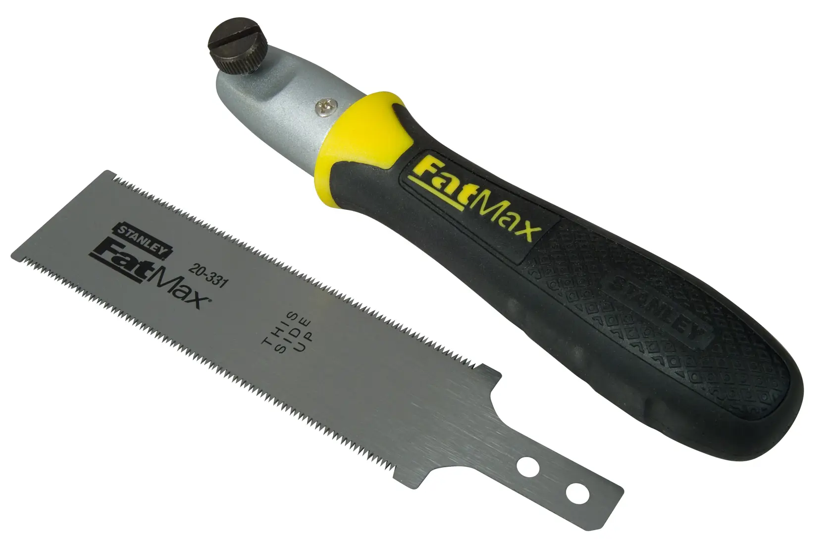 STANLEY 0-20-331 FatMax hand saw with black and yellow handle, separate straight blade, white background angle.