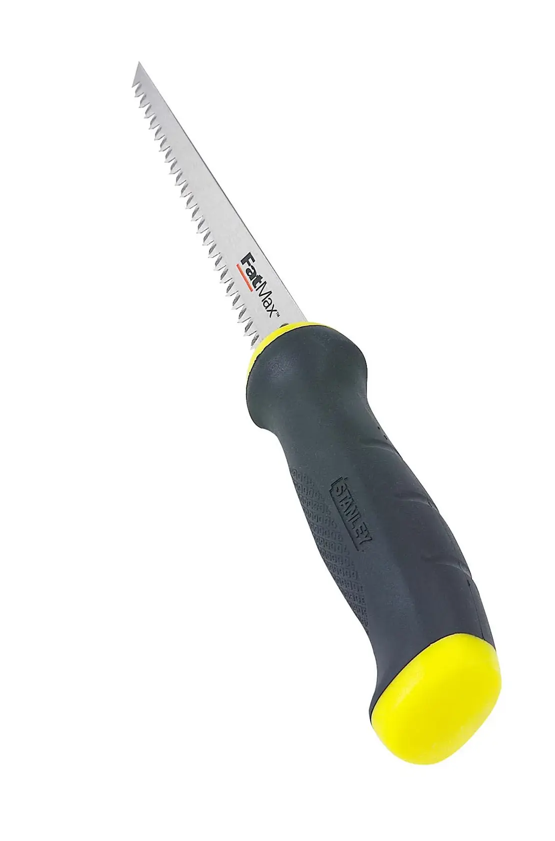 Stanley folding saw with a black and yellow ergonomic handle and serrated blade, displayed on a white background.