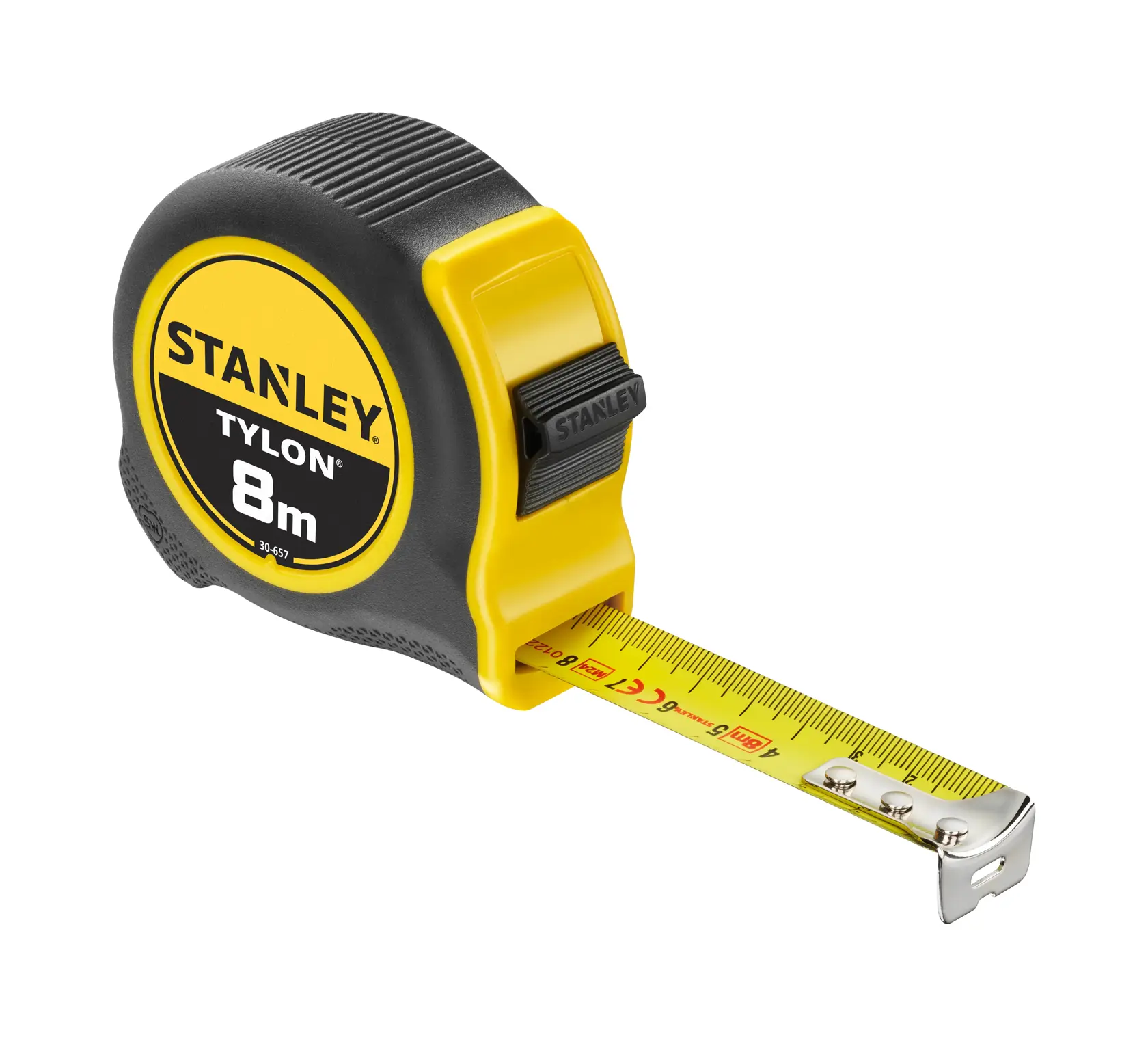 STANLEY 0-30-657 Maßband, 8m, gelb und schwarz, Seitenansicht auf weißem Hintergrund.