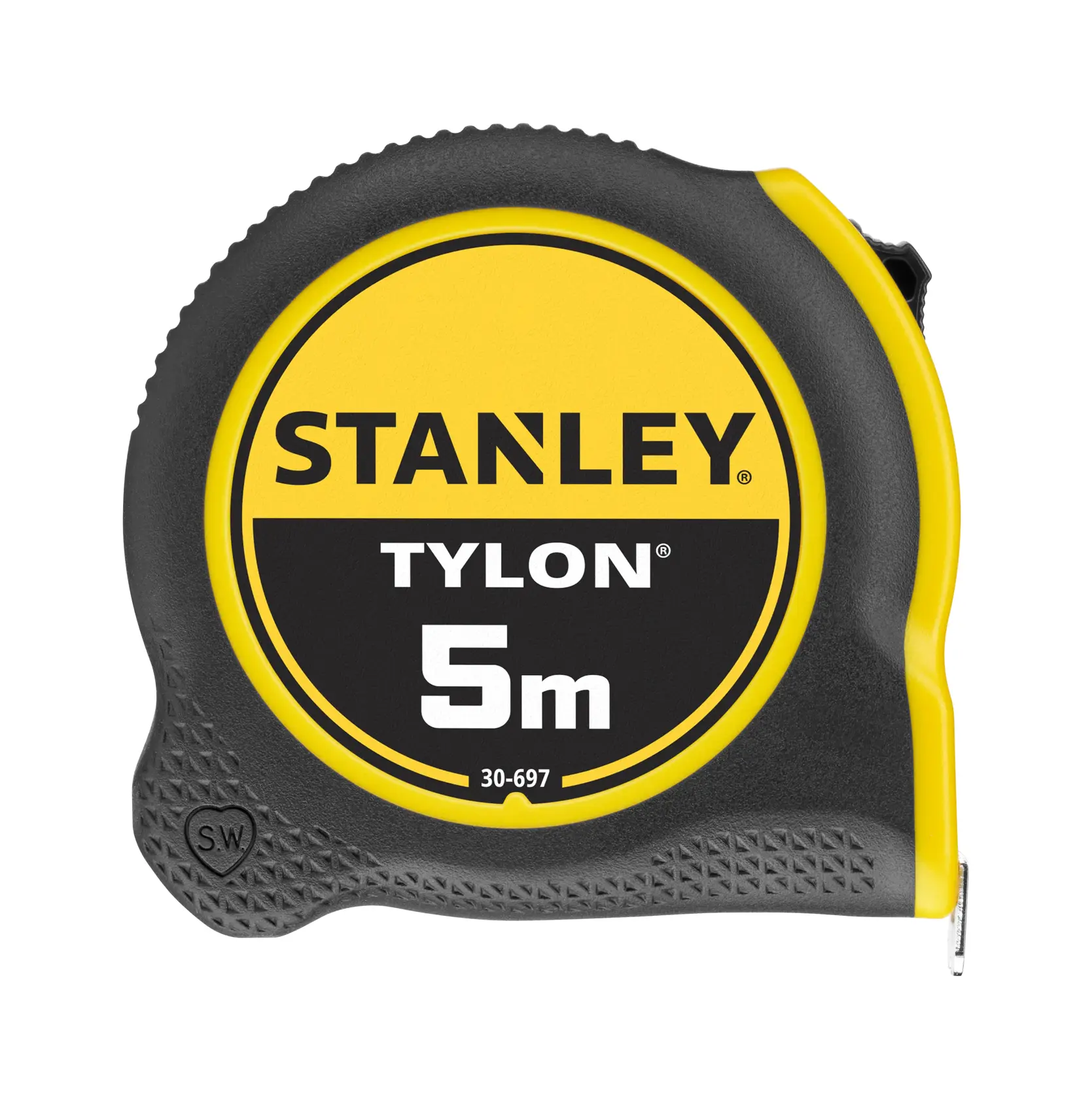 Stanley 0-30-697 Maßband, 5m, gelb und schwarz, Produktfotografie, Vorderansicht auf weißem Hintergrund.