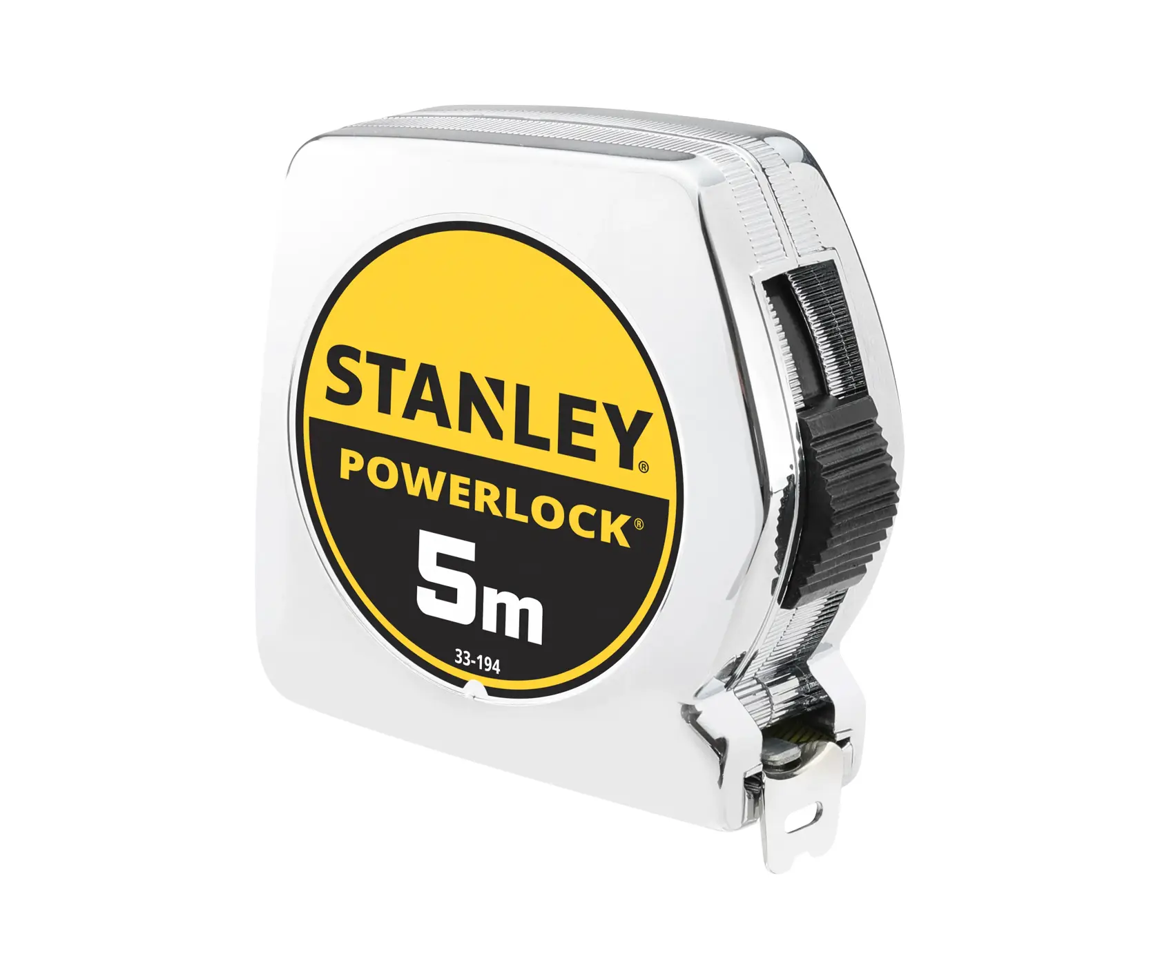 Stanley Powerlock 5m Maßband aus Chrom mit gelb-schwarzem Etikett.