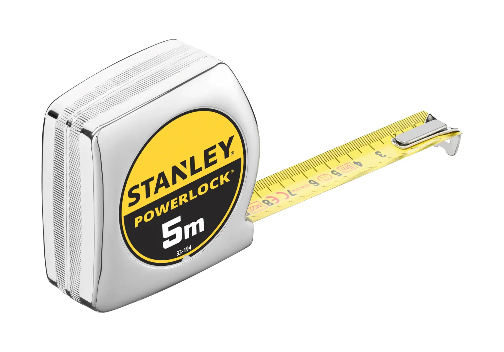 STANLEY 0-33-194 Maßband, silber und gelb, 5 m, Seitenansicht, ausgezogener gelber Bandmaß.