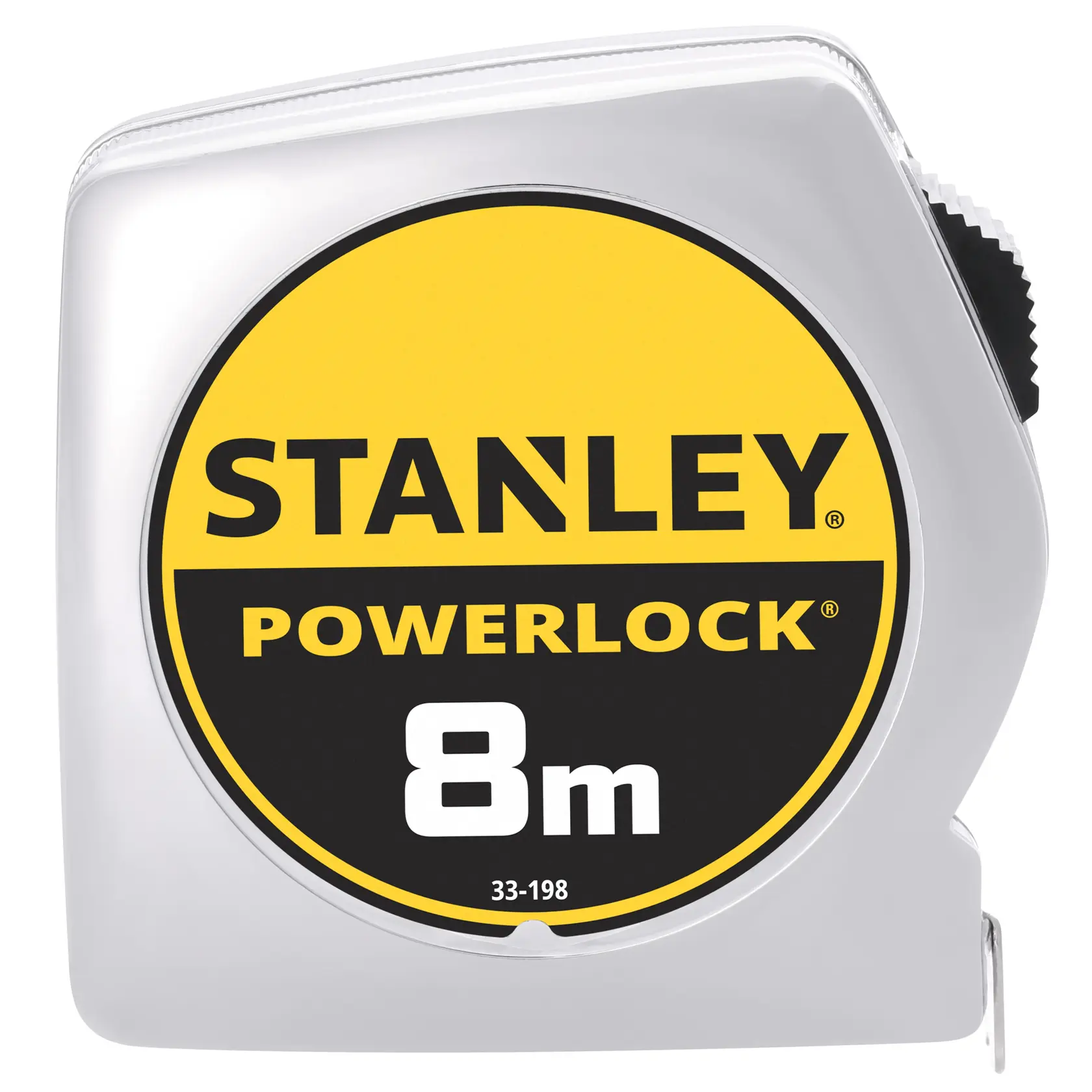 Foto des STANLEY 0-33-198 PowerLock 8m Maßbands, silbernes Gehäuse, Frontansicht.