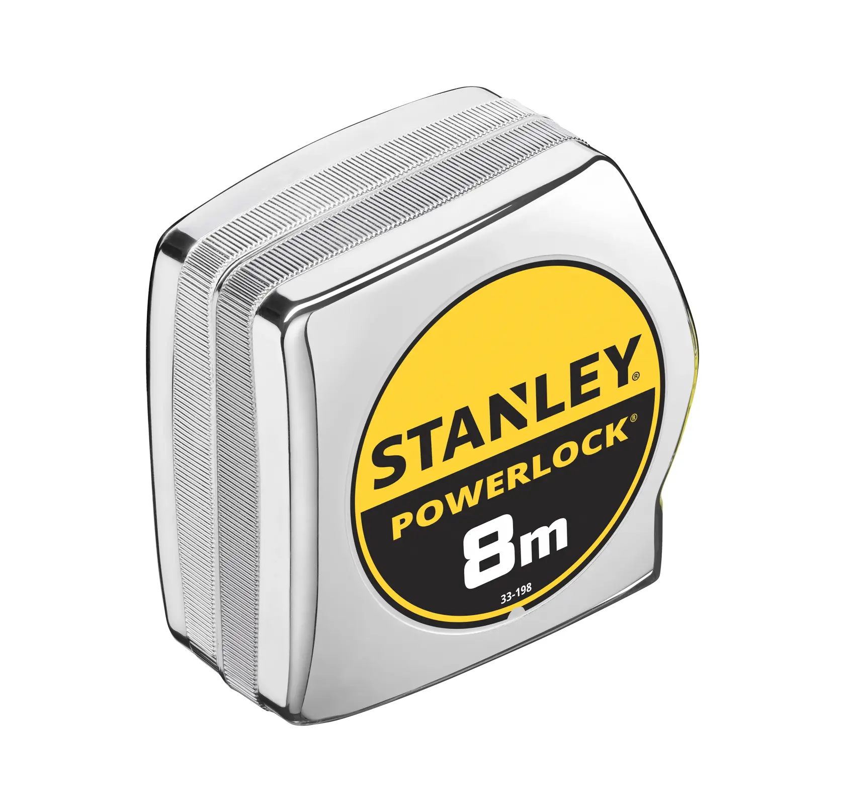 Foto vom STANLEY 0-33-198 Maßband, PowerLock-Serie, 8m, silbernes Gehäuse mit gelbem und schwarzem Etikett, schräge Ansicht.