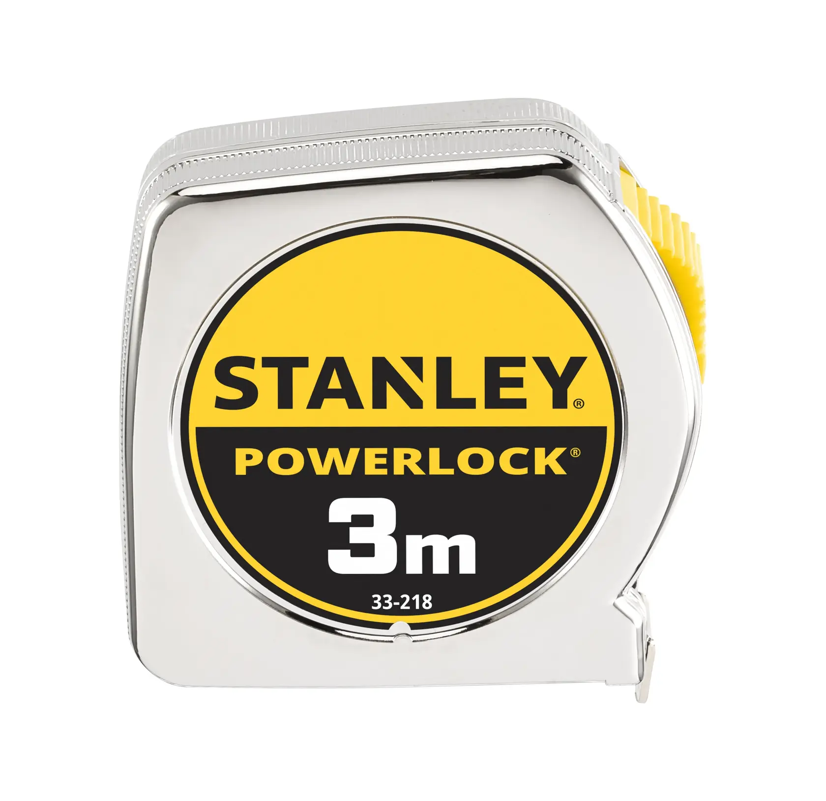 Foto des STANLEY 0-33-218 PowerLock 3m Maßbands, silbernes Gehäuse, Frontansicht auf weißem Hintergrund.