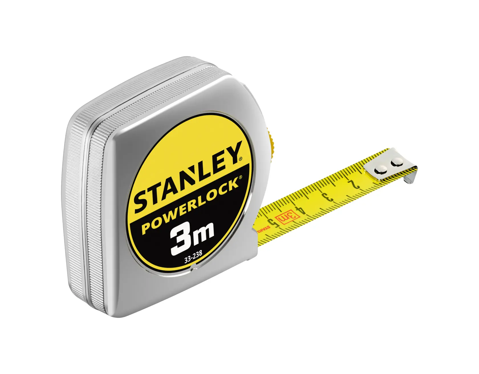 Stanley 0-33-238 PowerLock 3m Maßband, silbernes Gehäuse, gelbes Band, Foto aus Frontalwinkel.