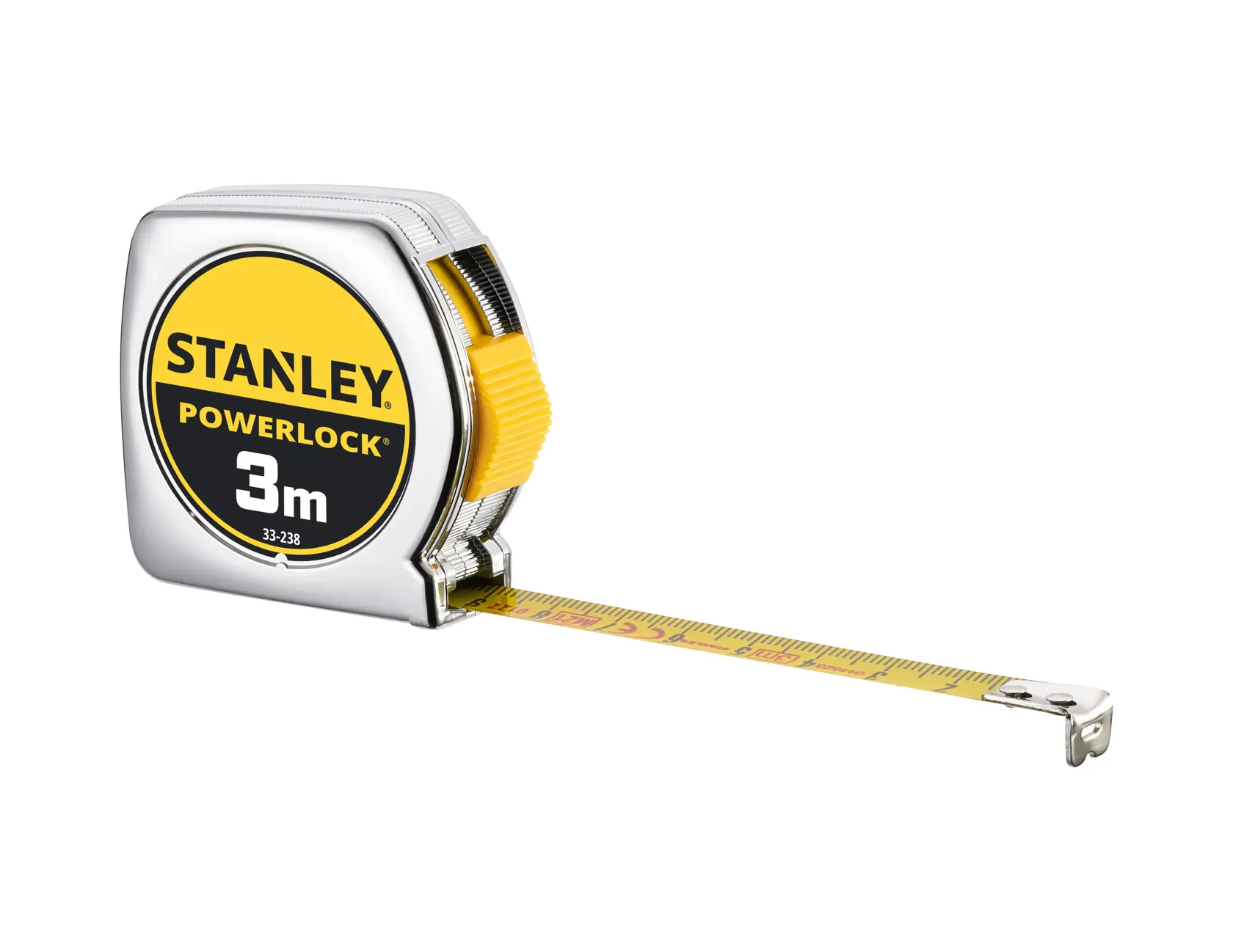 STANLEY 0-33-238 Maßband, gelb und chrom, 3m Länge, PowerLock Serie, Frontansicht auf weißem Hintergrund.