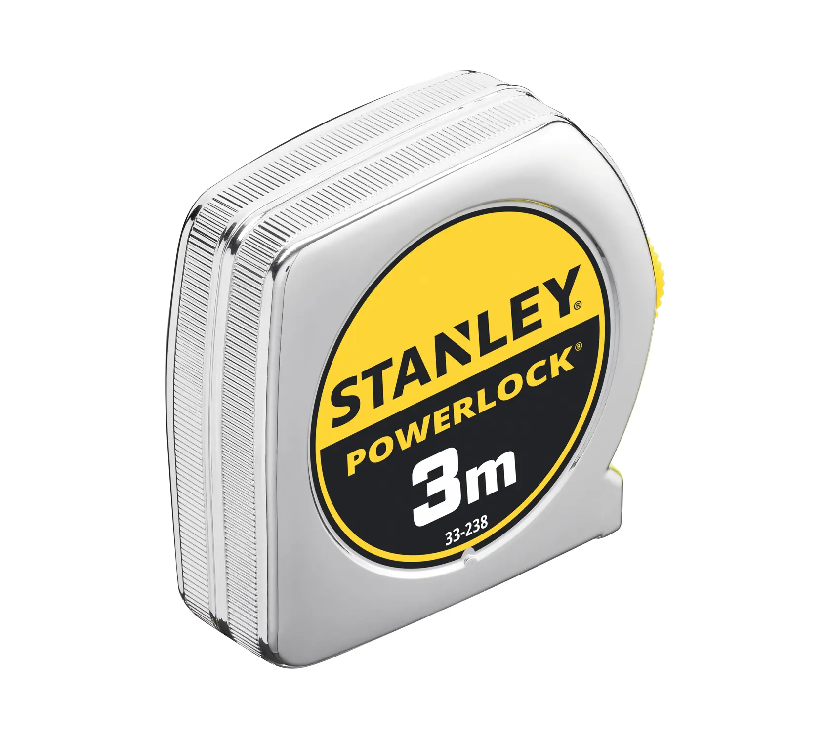 STANLEY 0-33-238 Maßband, Powerlock, 3m, silber und gelb, Produktwinkel auf weißem Hintergrund.