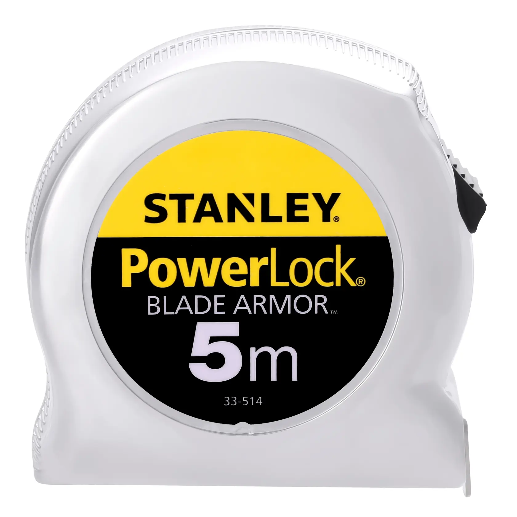 Photo of STANLEY PowerLock 5m tape measure, SKU 0-33-514, front view, silver case with yellow and black label.