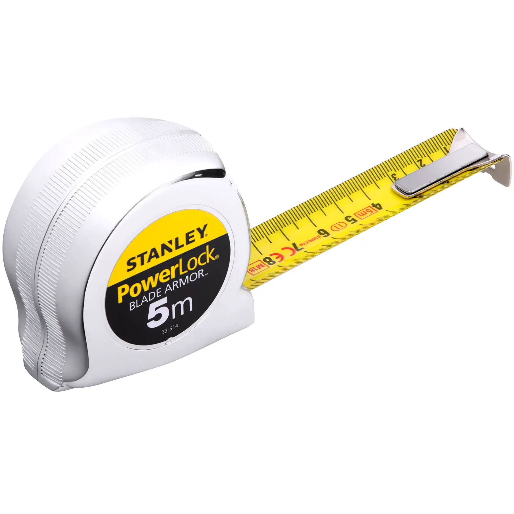 Stanley PowerLock tape measure, 5m length, white case, yellow measuring tape extended.