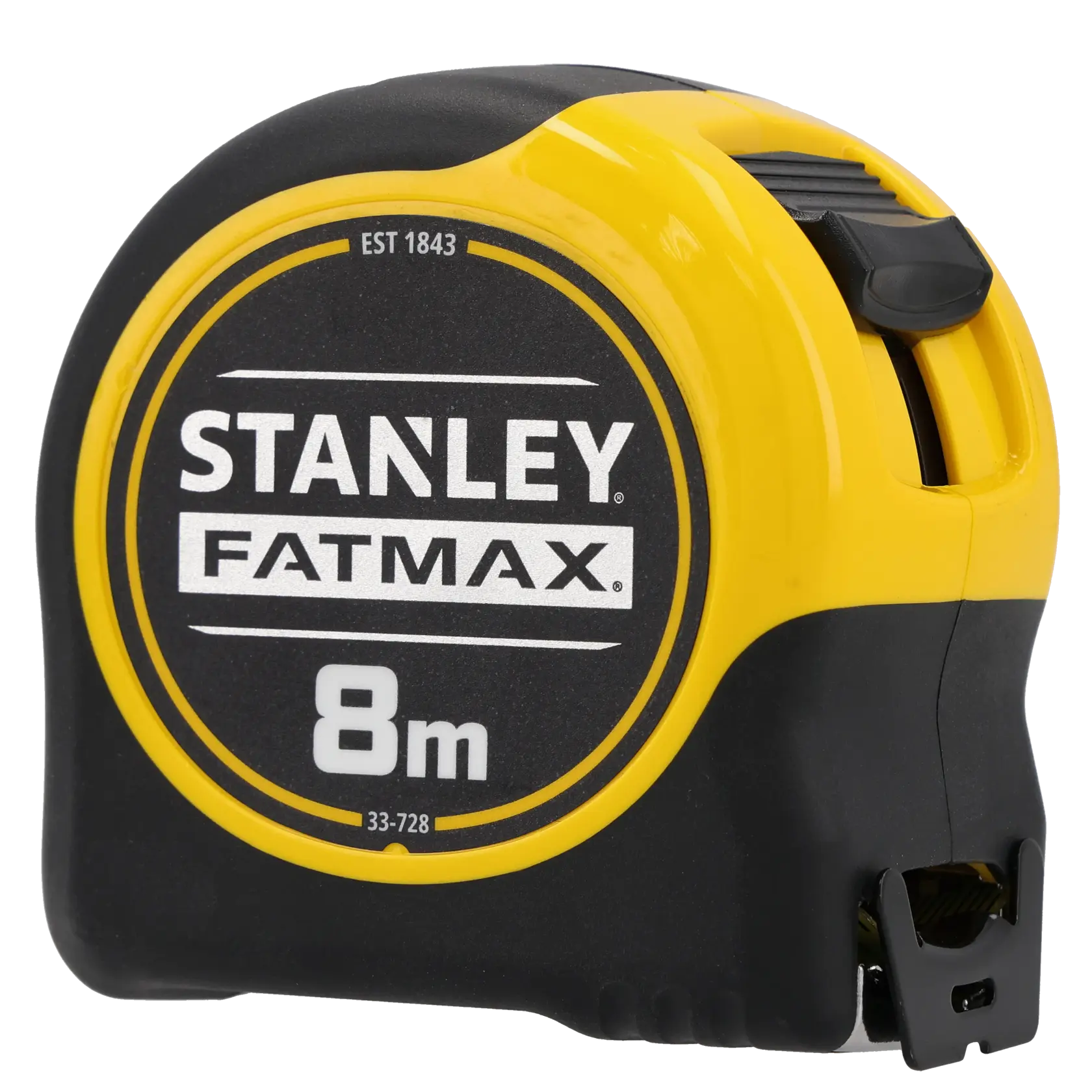 STANLEY 0-33-728 tape measure, 8 meter, FATMAX series, black and yellow, front angle on white background.