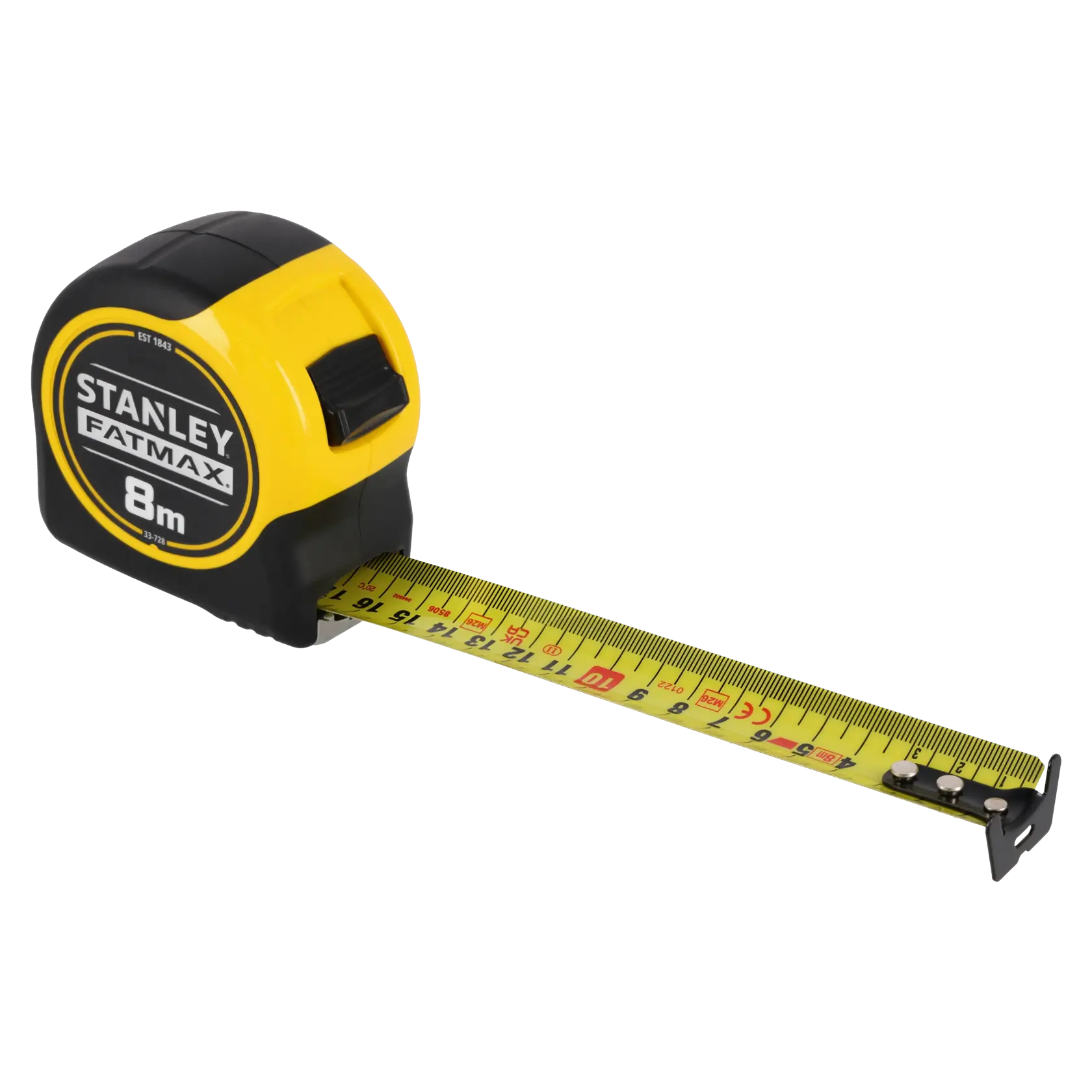 STANLEY 0-33-728 tape measure, FATMAX 8m, black and yellow case, extended yellow blade, front angle.