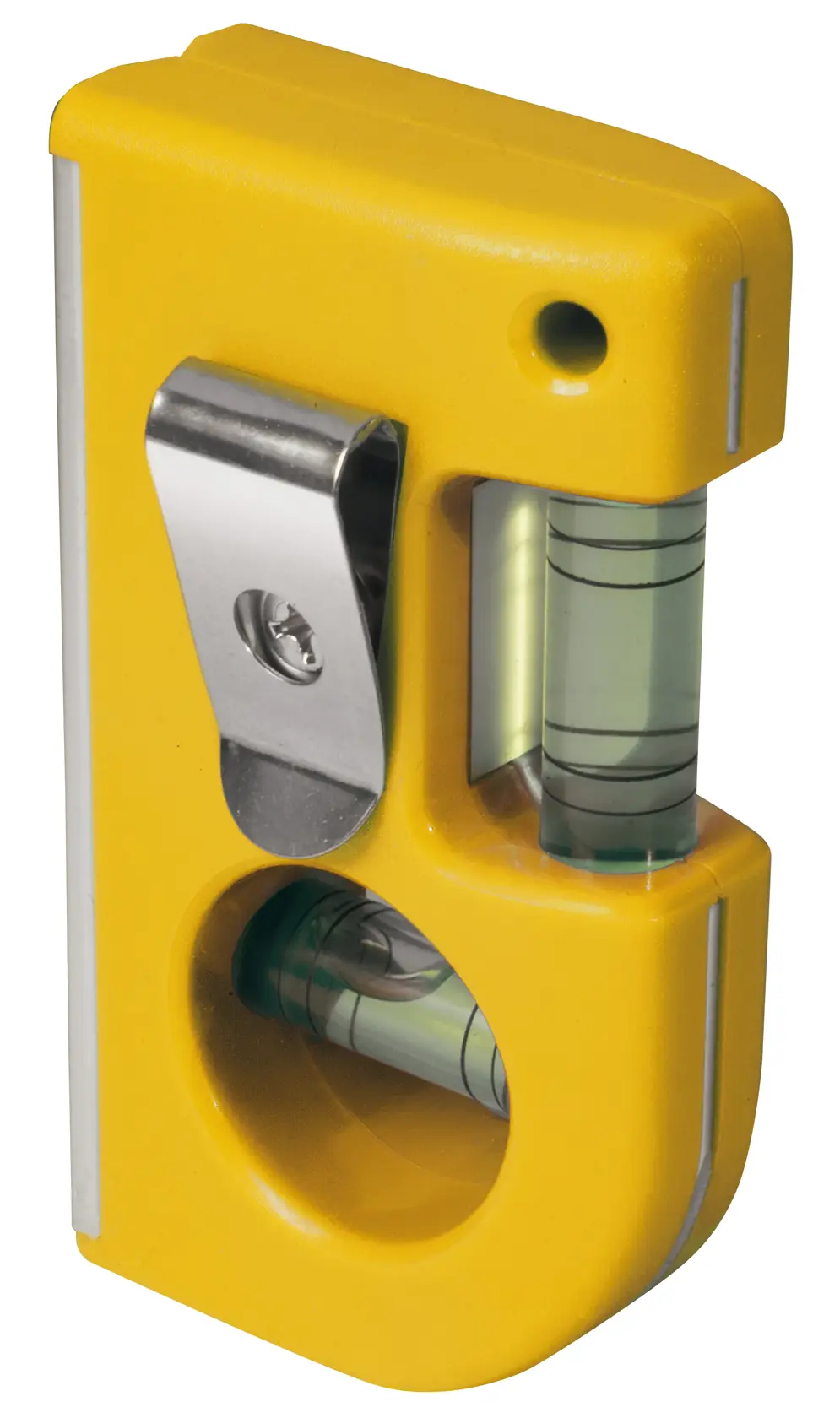 STANLEY 0-42-130 gelbe Taschenwasserwaage mit Metallclip, Vorderansicht, Produktfotografie.