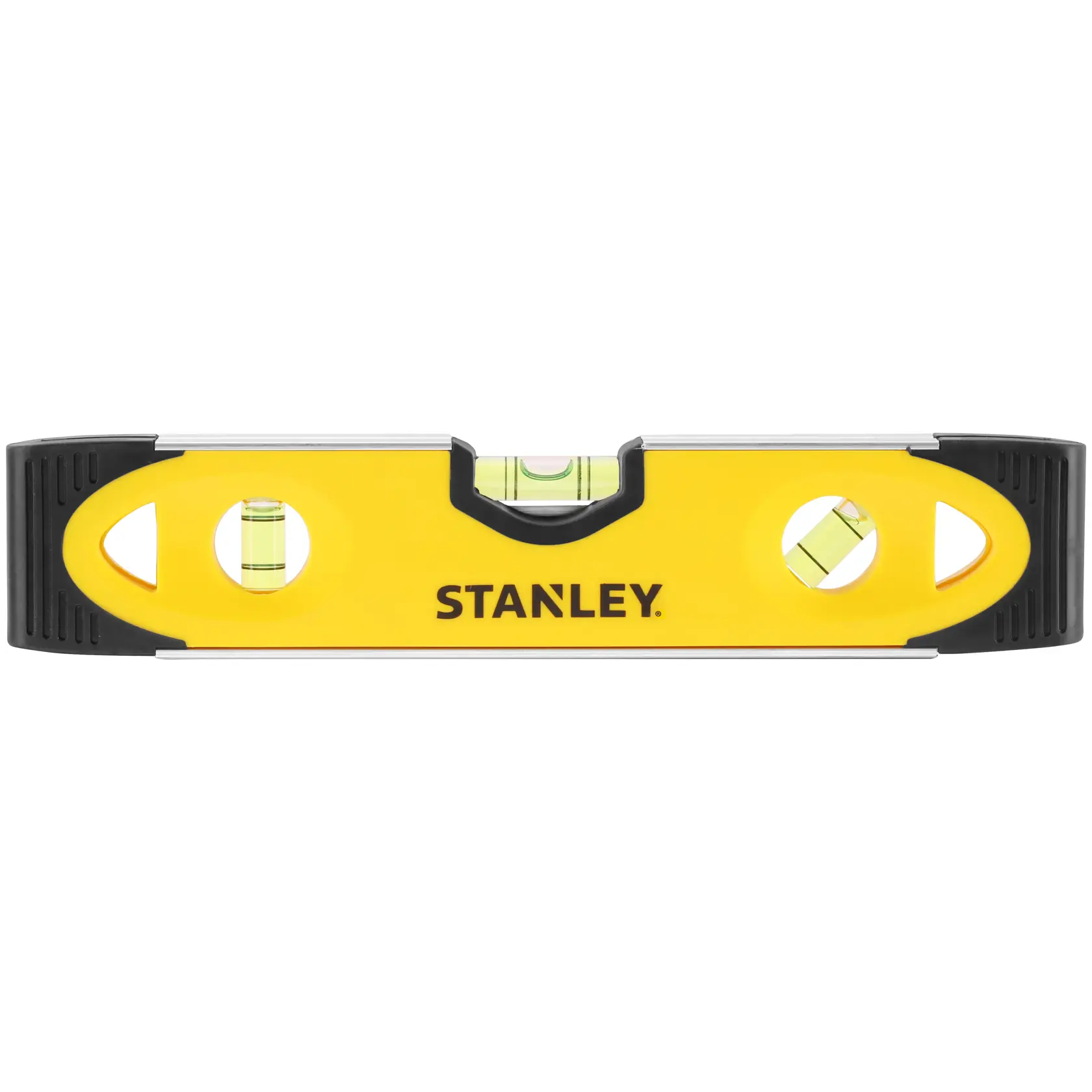 Stanley yellow spirit level with three bubble vials and black ends, used for measuring straight lines.