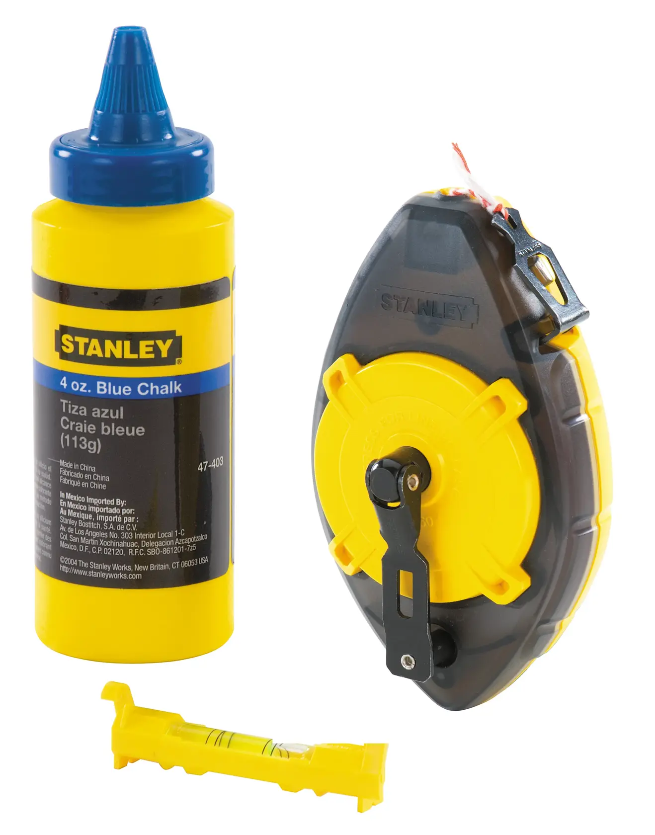 STANLEY 0-47-465 Markierungsset mit gelb-blauer Kreideflasche, schwarz-gelber Spule, Vorderansicht.