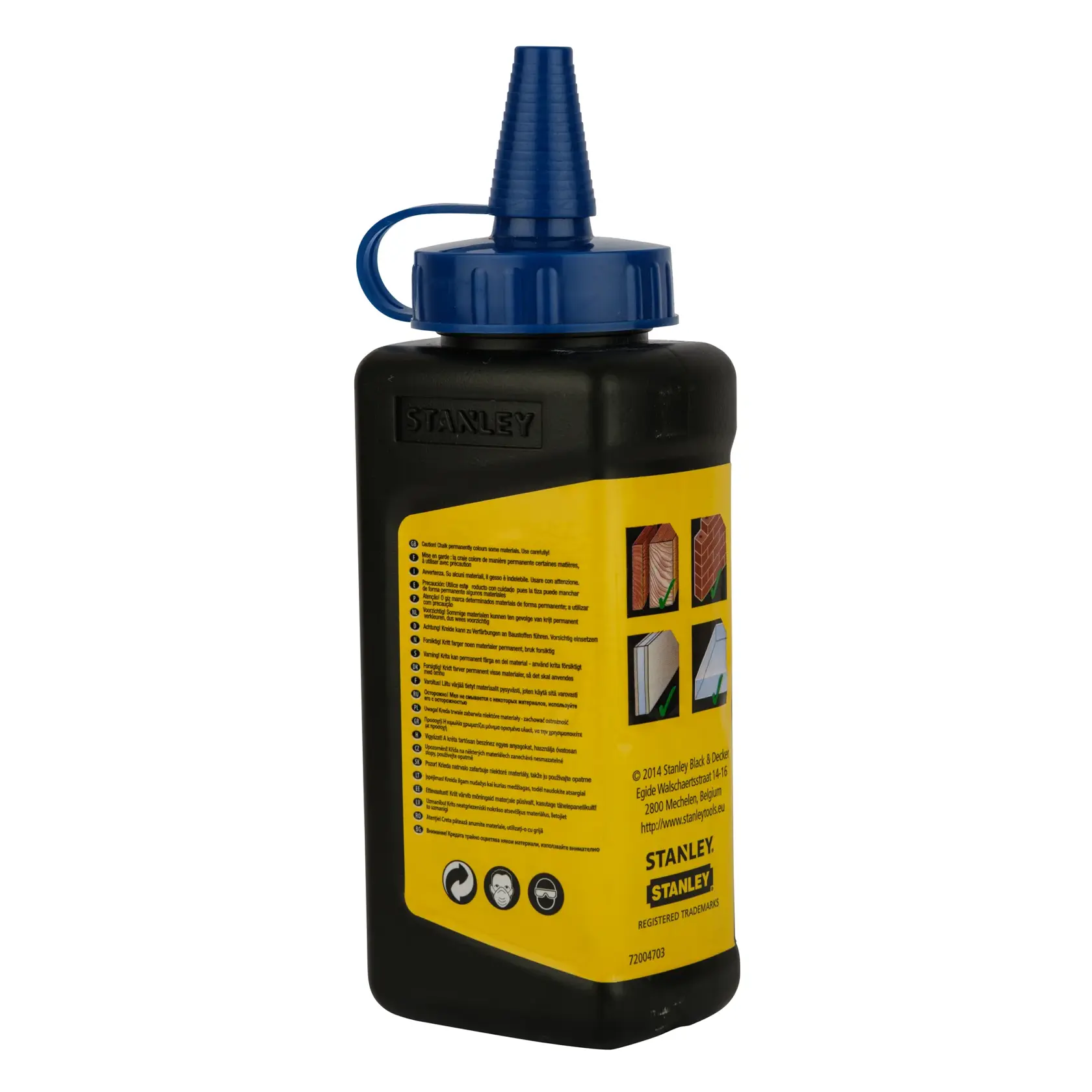 Stanley Nachfüllflasche für Kreide mit blauem Ausgießer und gelbem Etikett zum Bau Linien markieren.