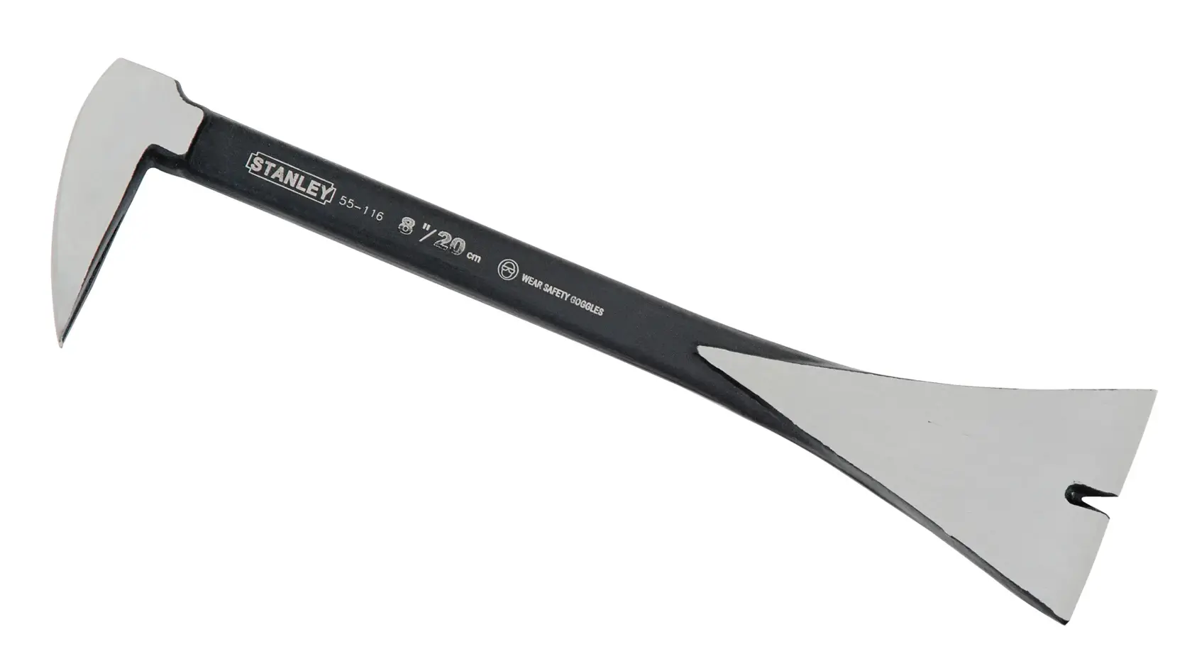 STANLEY 0-55-116 Flachstahlhebel mit polierten Enden, Stahl, Handwerkzeug seitliche Ansicht auf weißem Hintergrund.