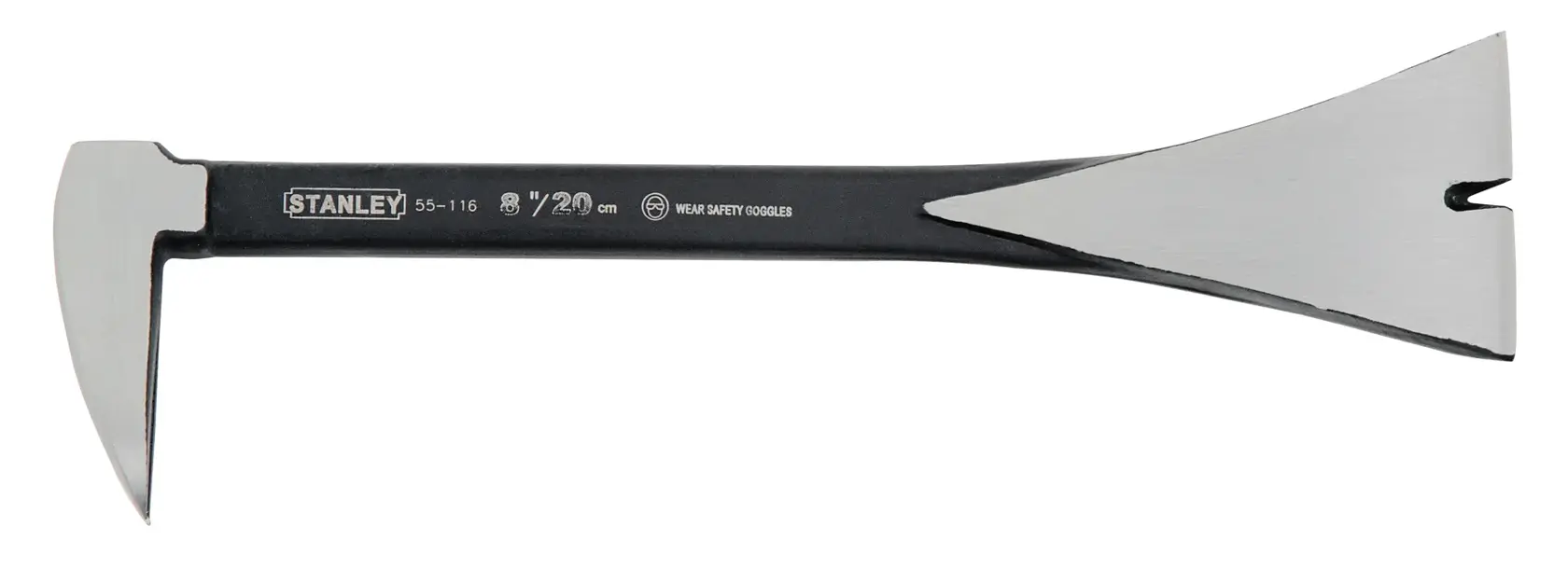 STANLEY 0-55-116 Flachhebel mit abgeschrägten Kanten, schwarz und silber, Seitenansicht auf weißem Hintergrund.