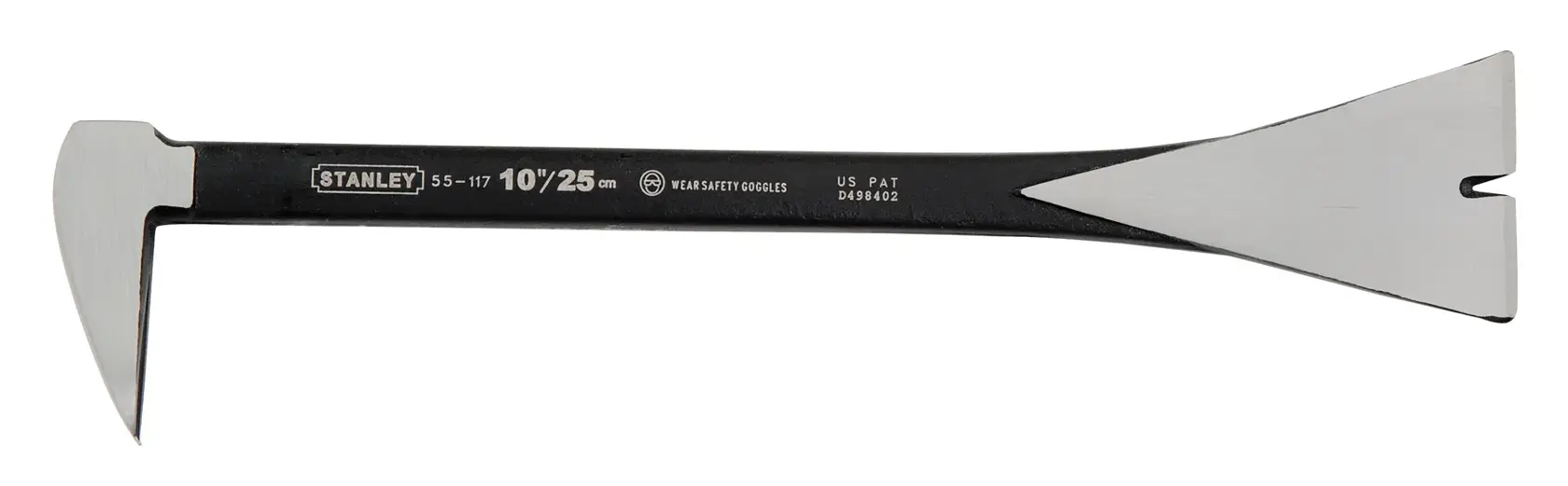 Stanley 10-inch utility bar with angled and flat ends for prying and pulling nails.