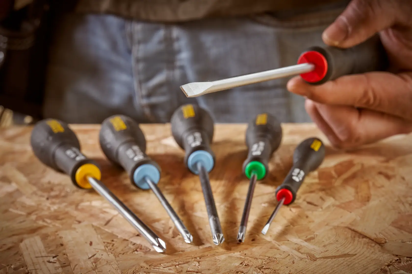 STANLEY 0-65-141 screwdriver set with color-coded handles on wooden surface, close-up photography.