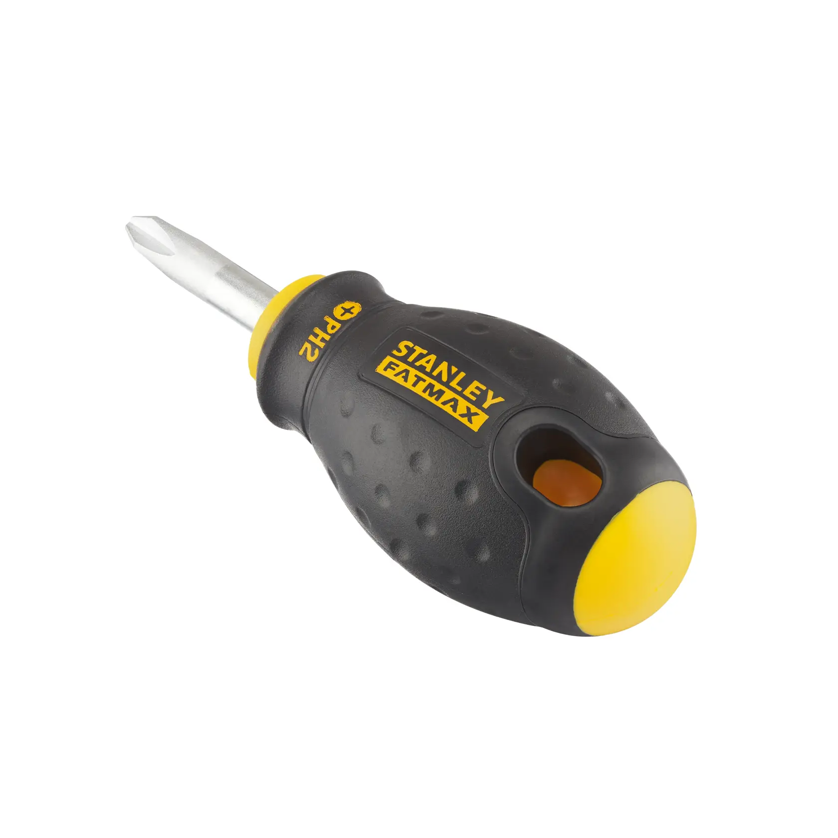 STANLEY 0-65-407 stubby Phillips screwdriver, black and yellow handle, side angle, white background.