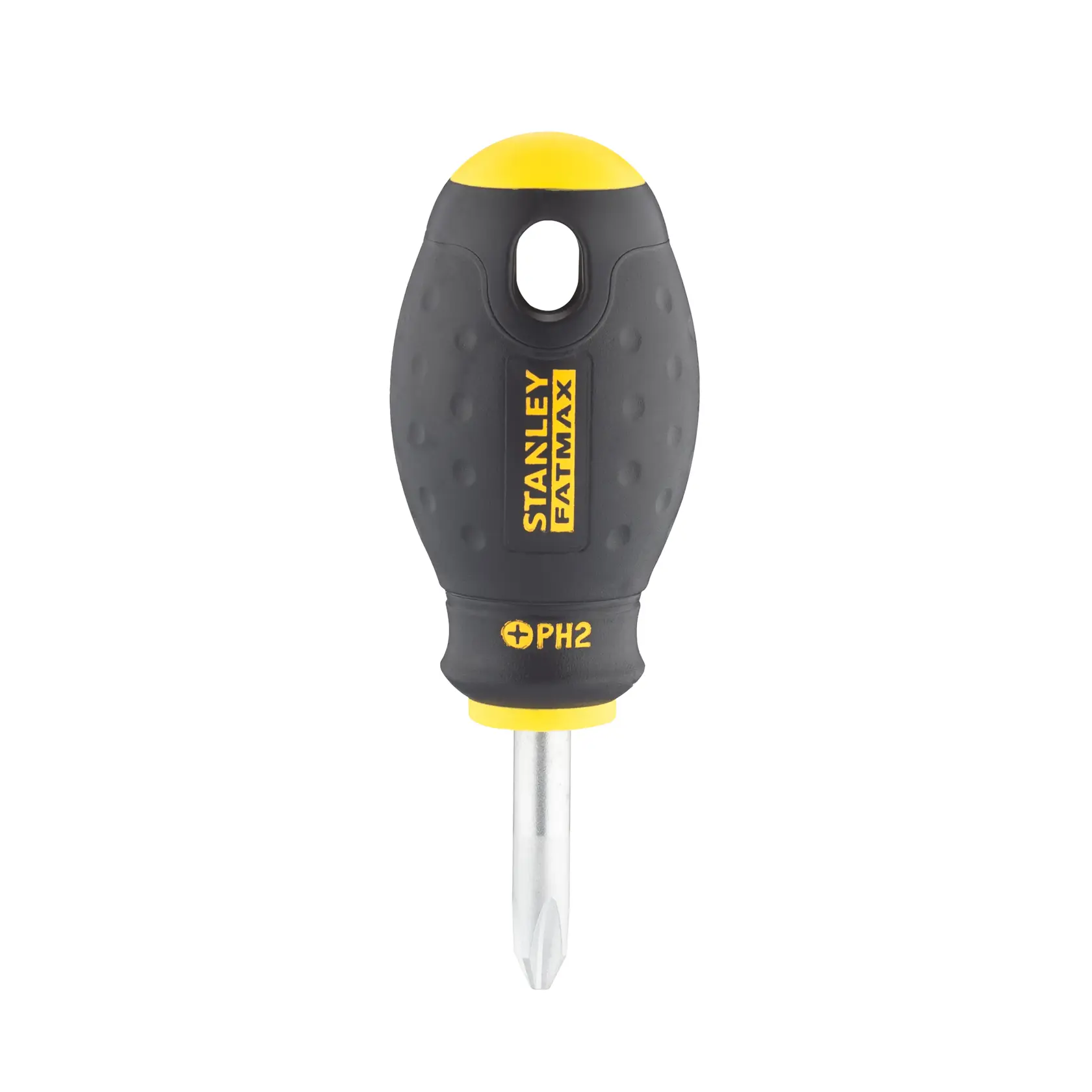 Photo of STANLEY 0-65-407 stubby Phillips screwdriver with black and yellow handle, front view on white background.
