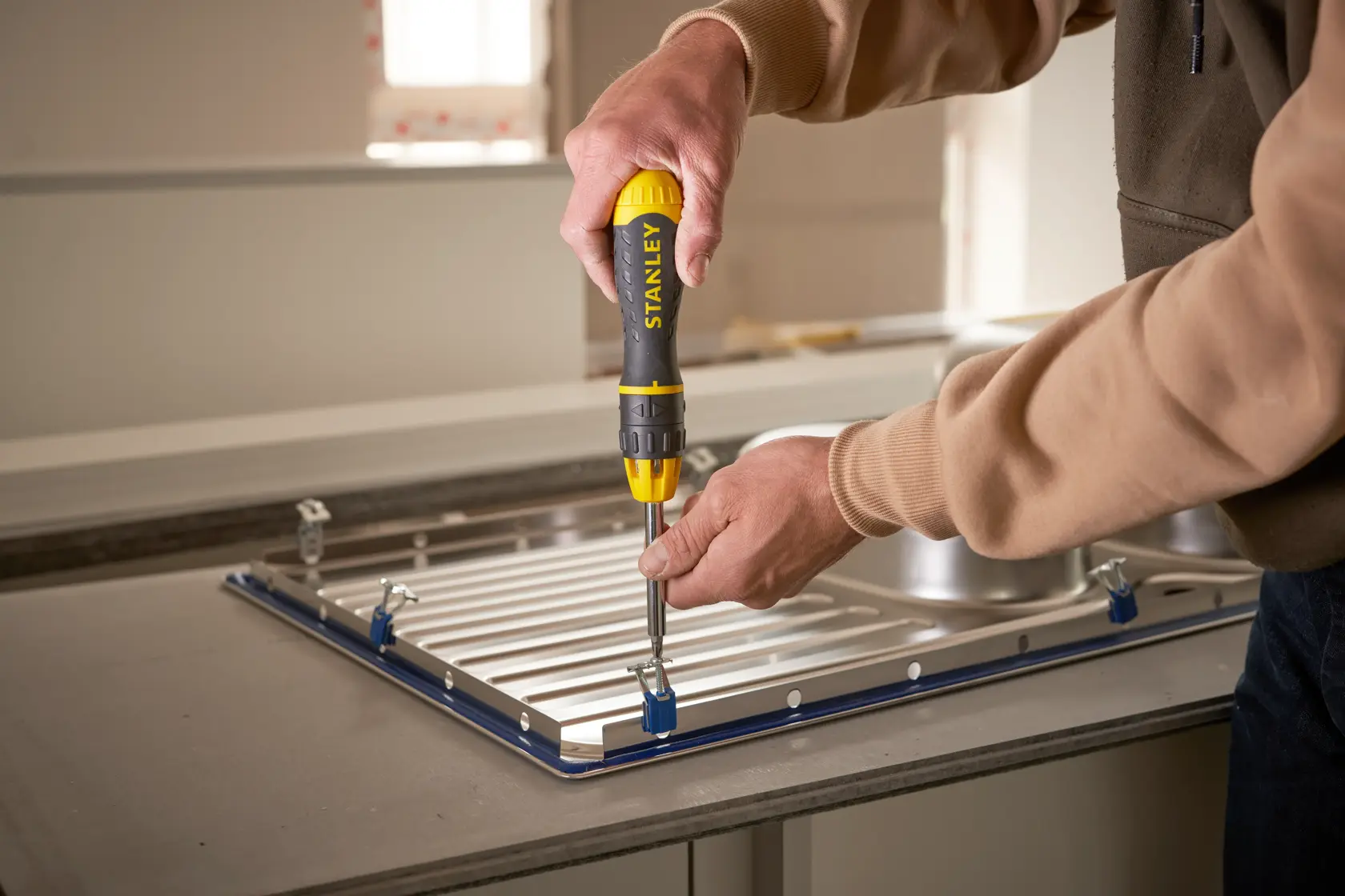 Stanley 0-68-010 screwdriver used to attach metal panel on countertop, close-up photography.