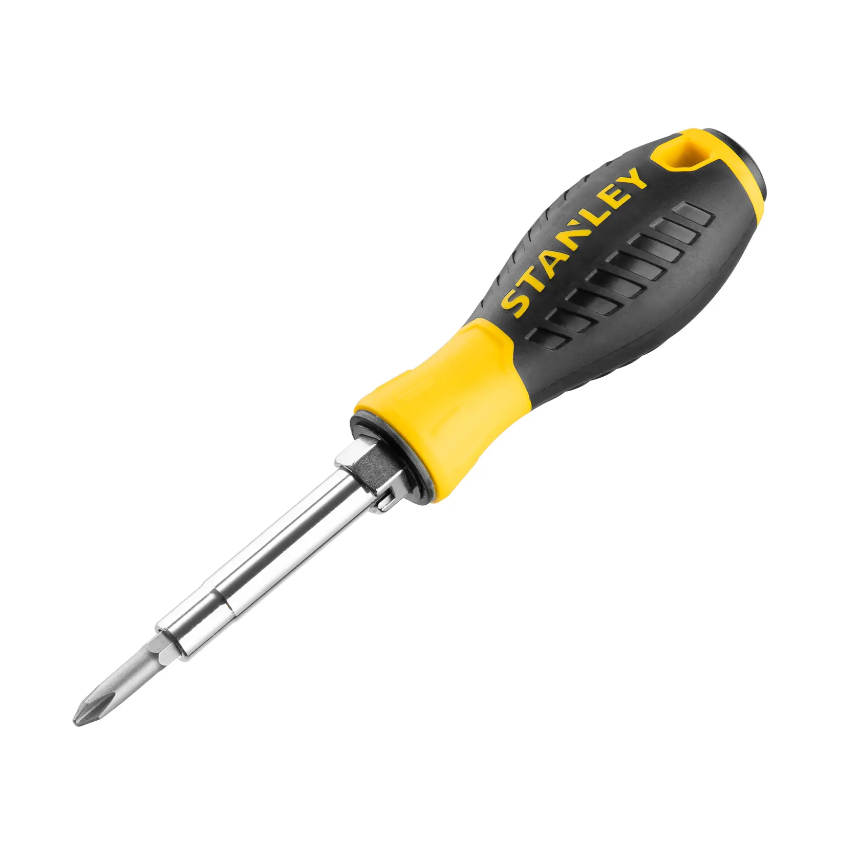 Stanley yellow and black screwdriver with ergonomic handle and interchangeable bits.