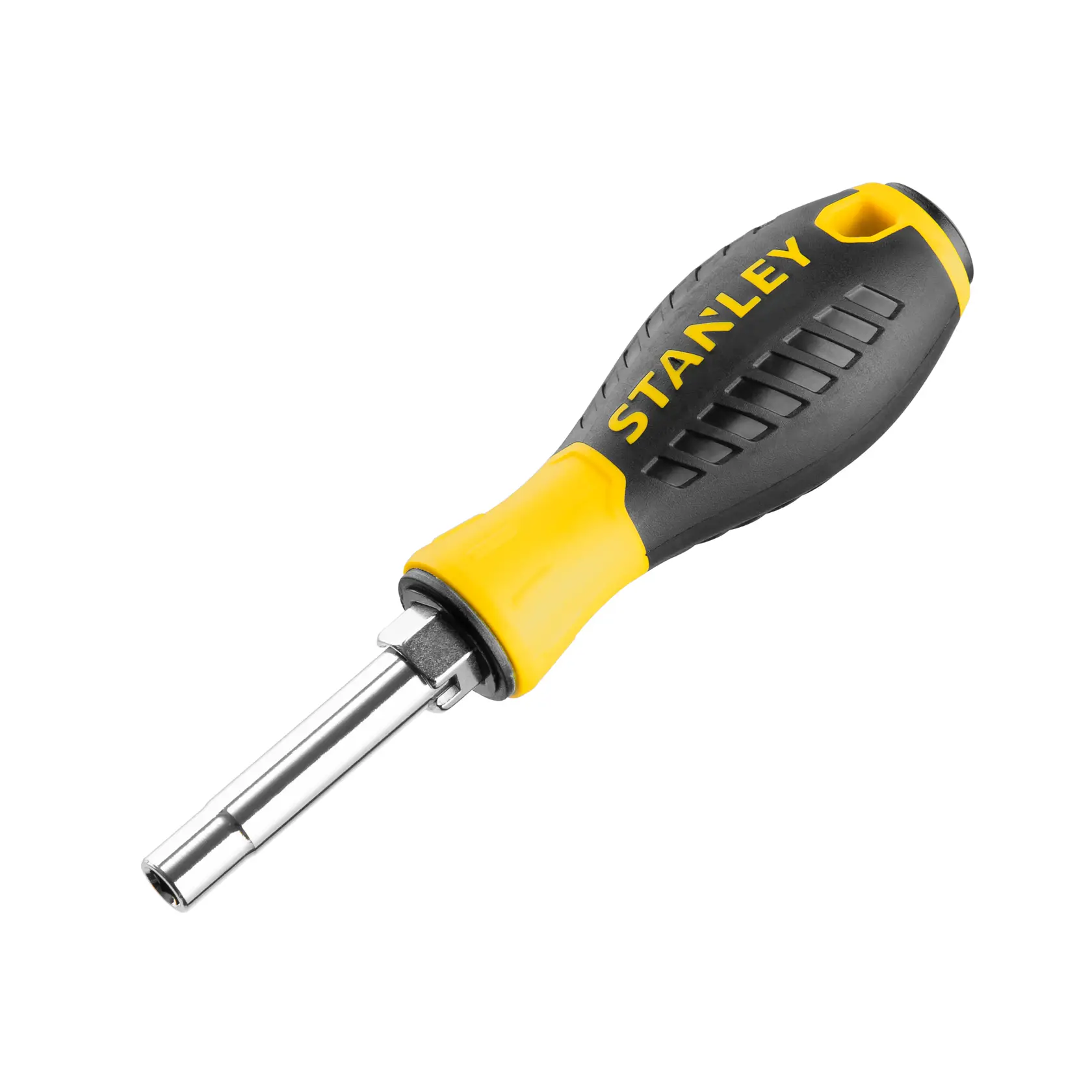 Stanley screwdriver with a black and yellow ergonomic handle and metal shaft on a white background.