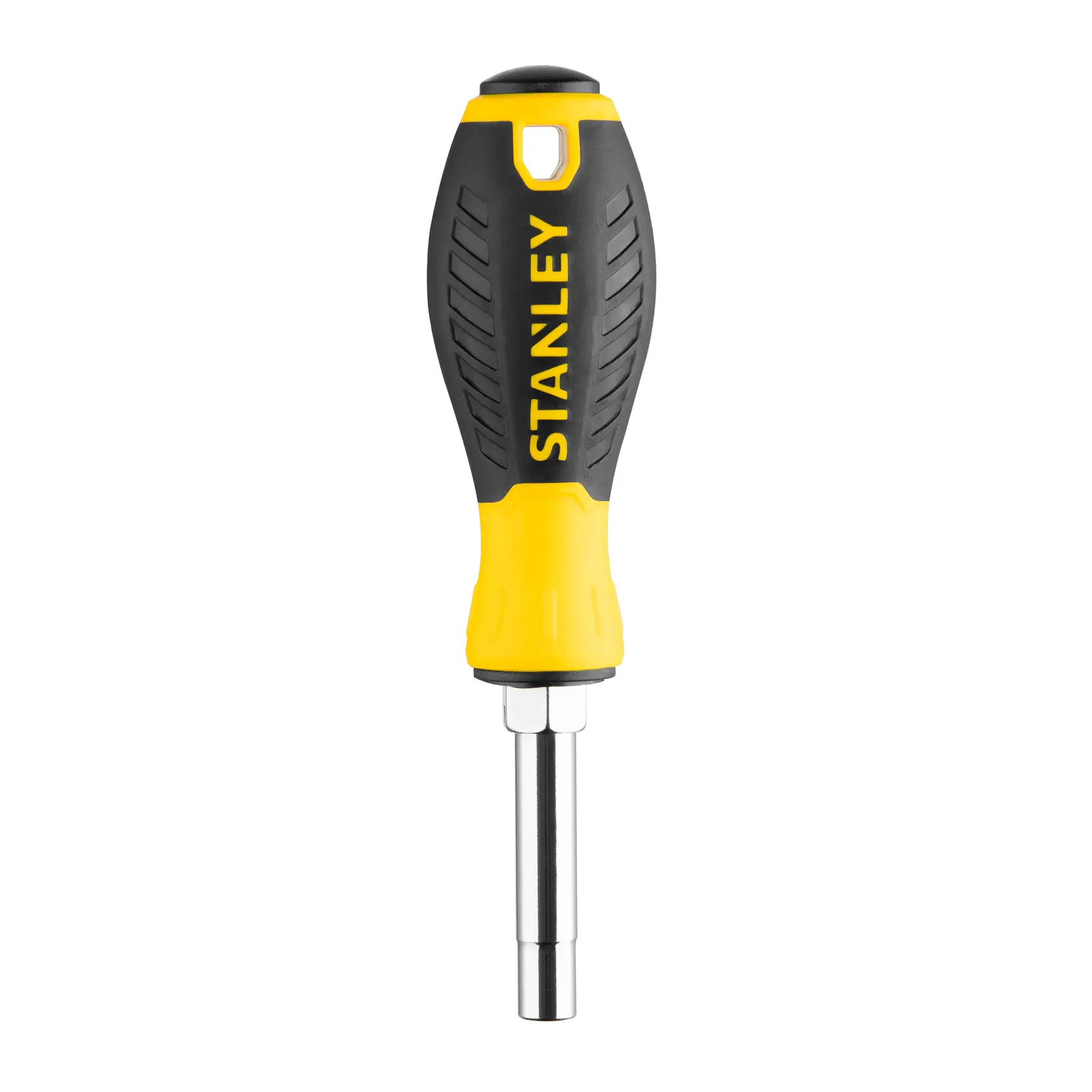Stanley screwdriver with yellow and black handle, shown upright on white background.