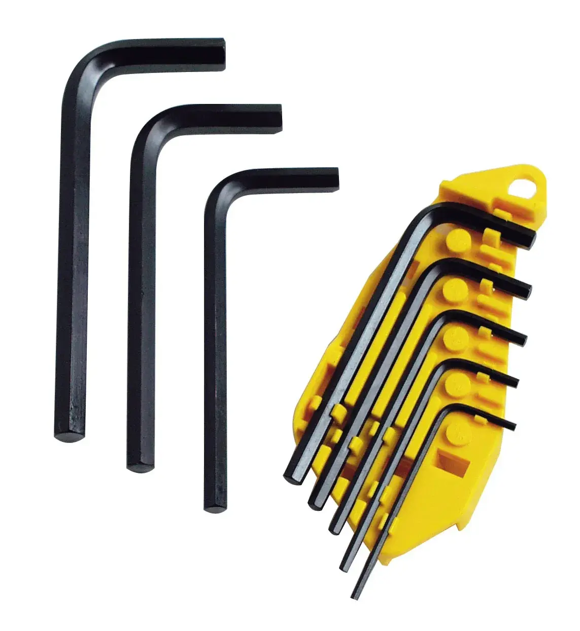 STANLEY 0-69-252 hex key set with yellow holder, black L-shaped keys, product photo on white background.