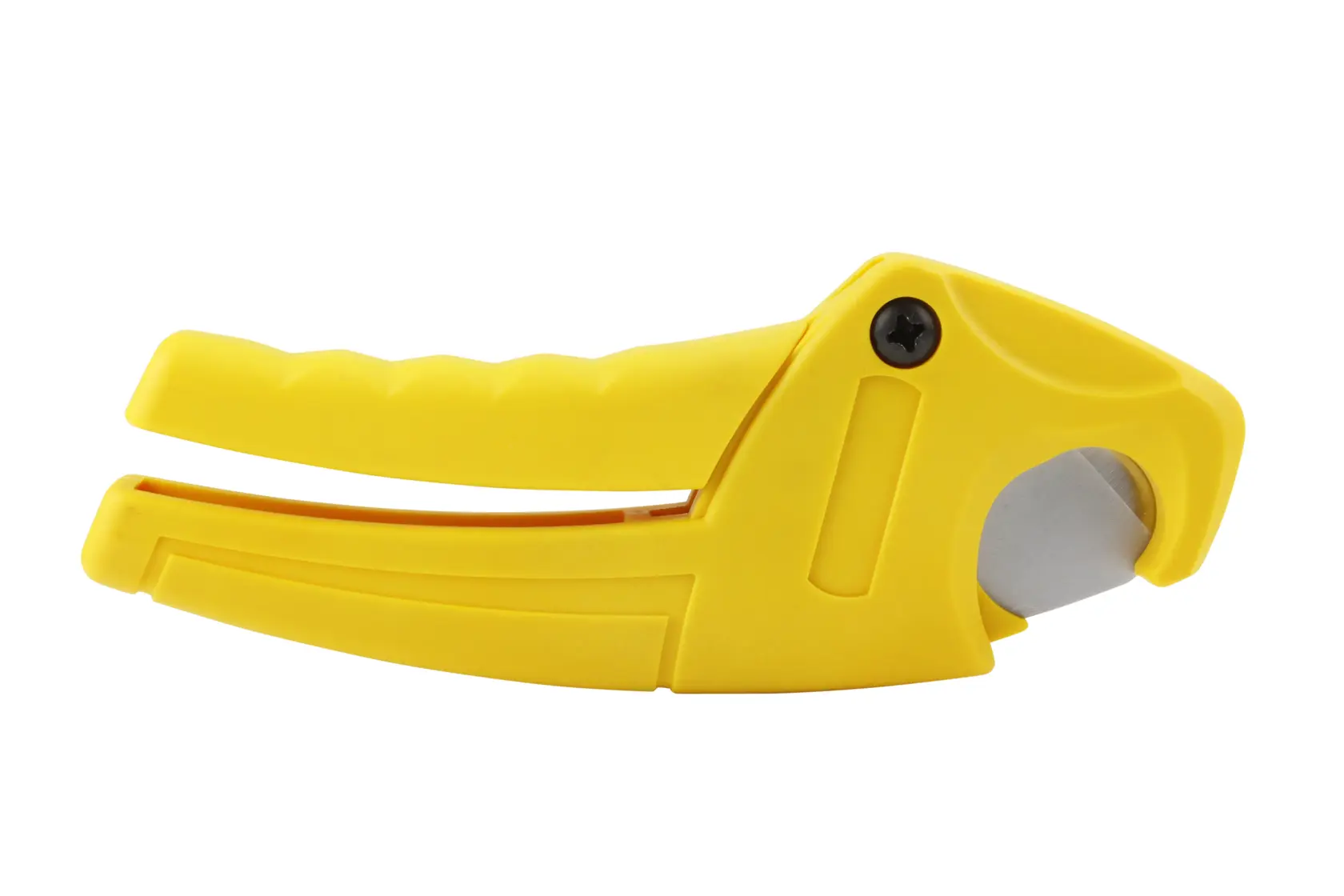 STANLEY 0-70-450 gelber Kunststoff-Rohrschneider, Seitenansicht, mit gebogener Klinge und ergonomischem Griff.