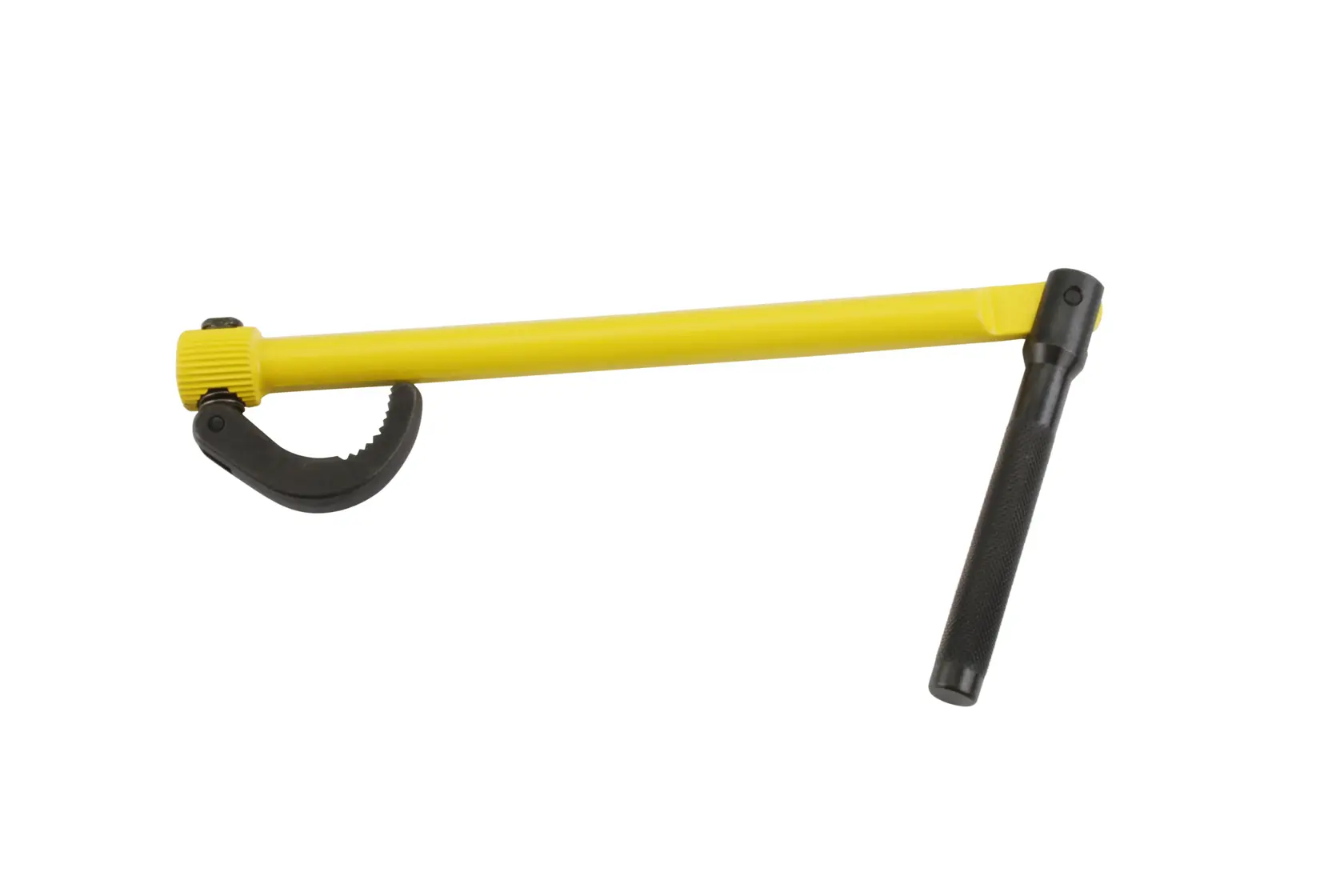 STANLEY 0-70-453 pipe wrench, yellow handle, black jaw and grip, side angle on white background.